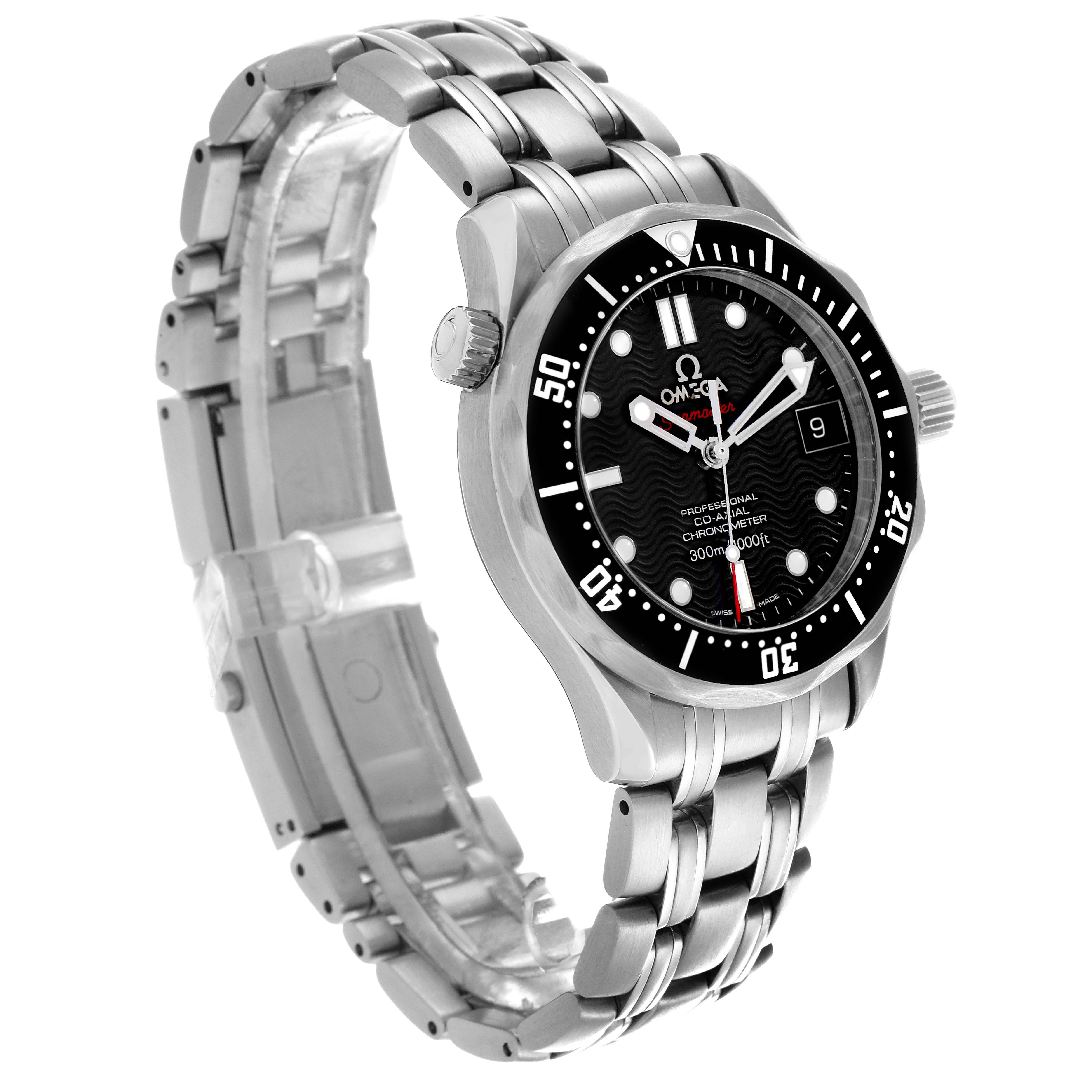 The Omega Seamaster 212.30.36.20.01.001 Men's Stainless Steel Black Dial watch is shown at an angled side view, highlighting the bracelet, bezel, and dial.
