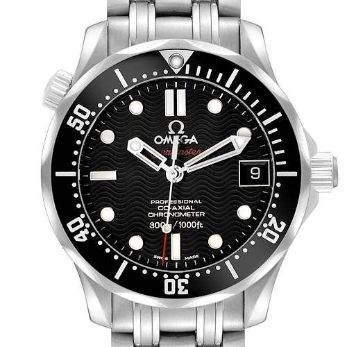 The Omega Seamaster 212.30.36.20.01.001 Men's Stainless Steel Black Dial watch is shown from the front, highlighting the dial, bezel, and stainless steel bracelet.