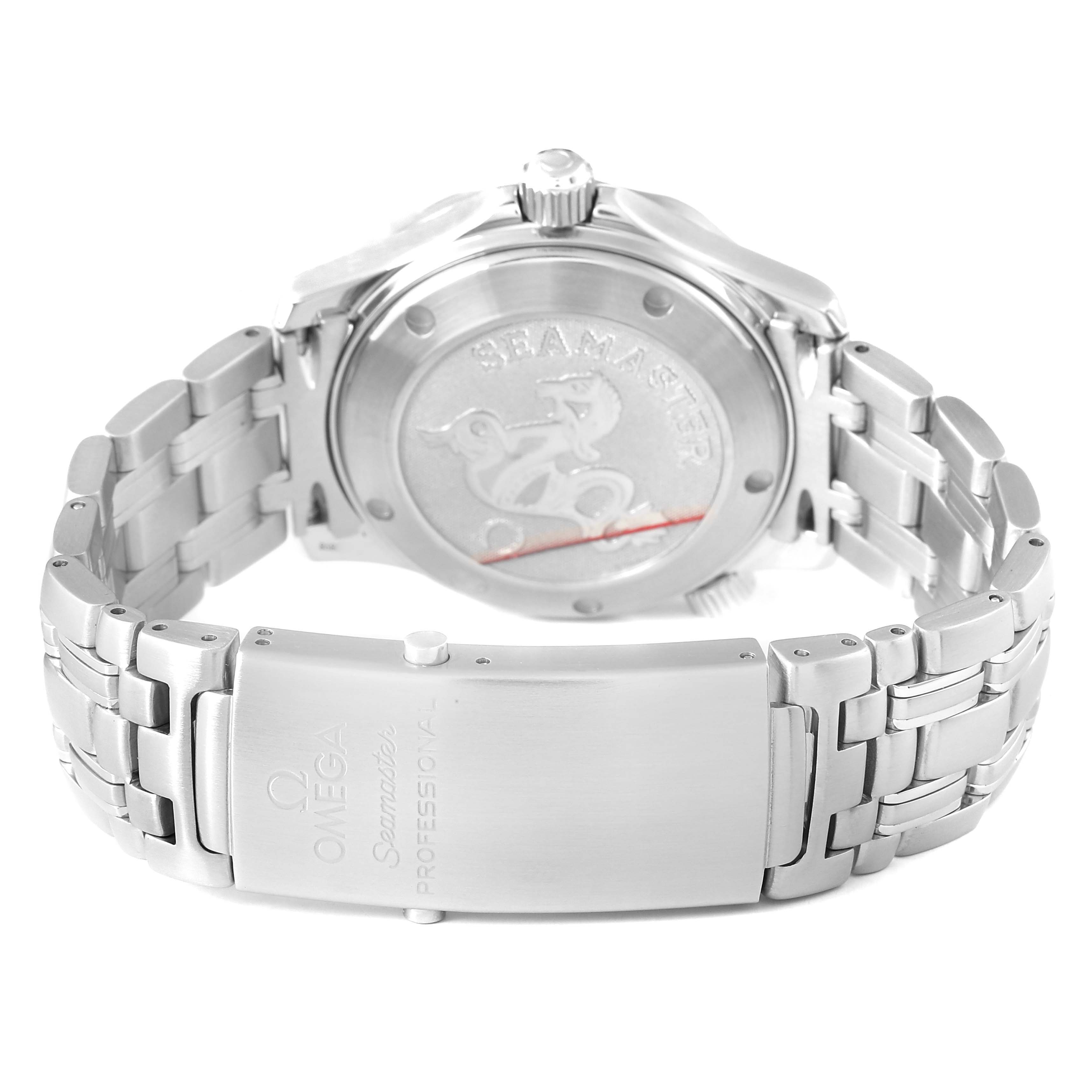 The Omega Seamaster 212.30.36.20.01.001 Men's Stainless Steel Black Dial watch is shown from the back, highlighting the case back, bracelet, and clasp.