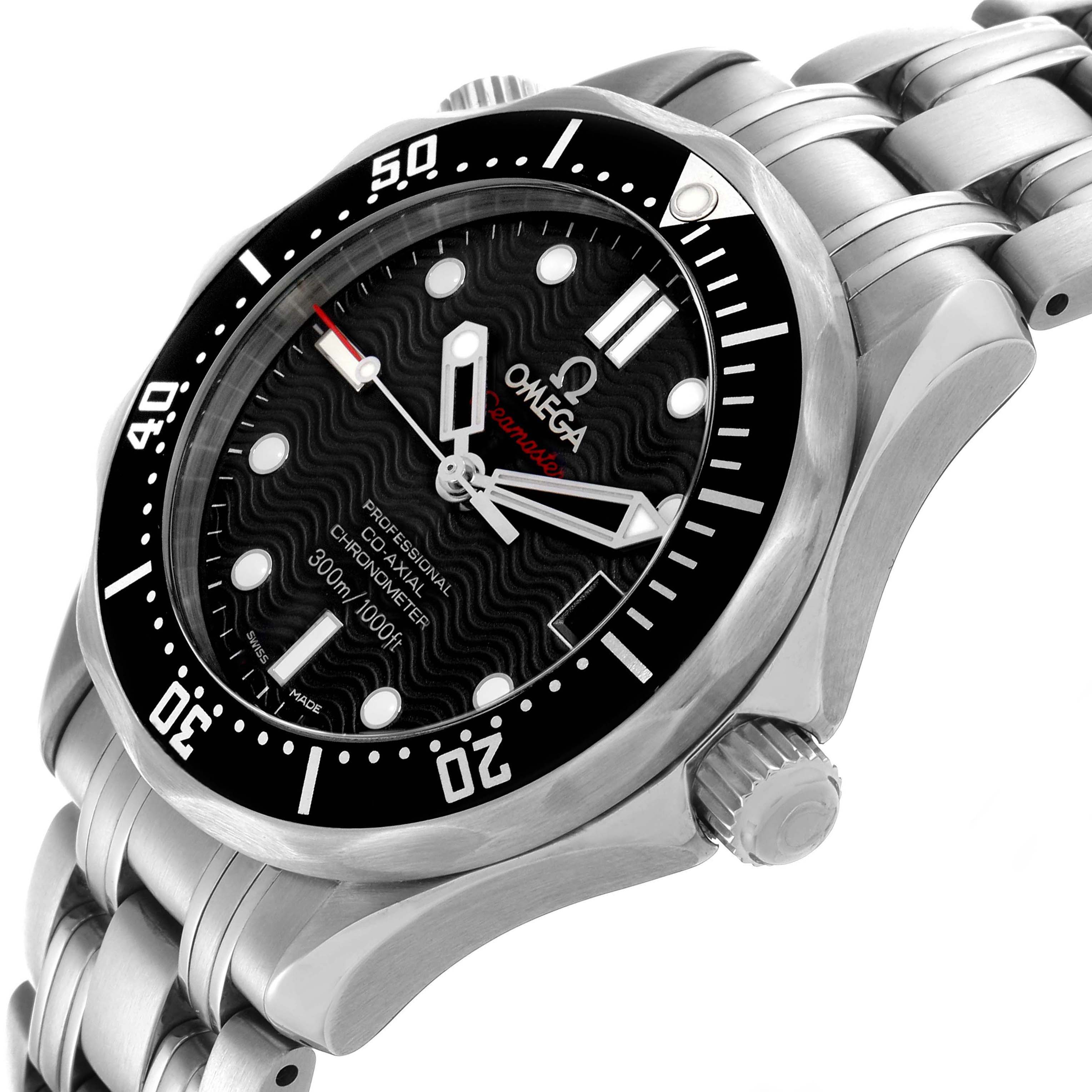 The Omega Seamaster 212.30.36.20.01.001 Men's Stainless Steel Black Dial watch is shown at a slight angle, highlighting the dial, bezel, crown, and part of the bracelet.