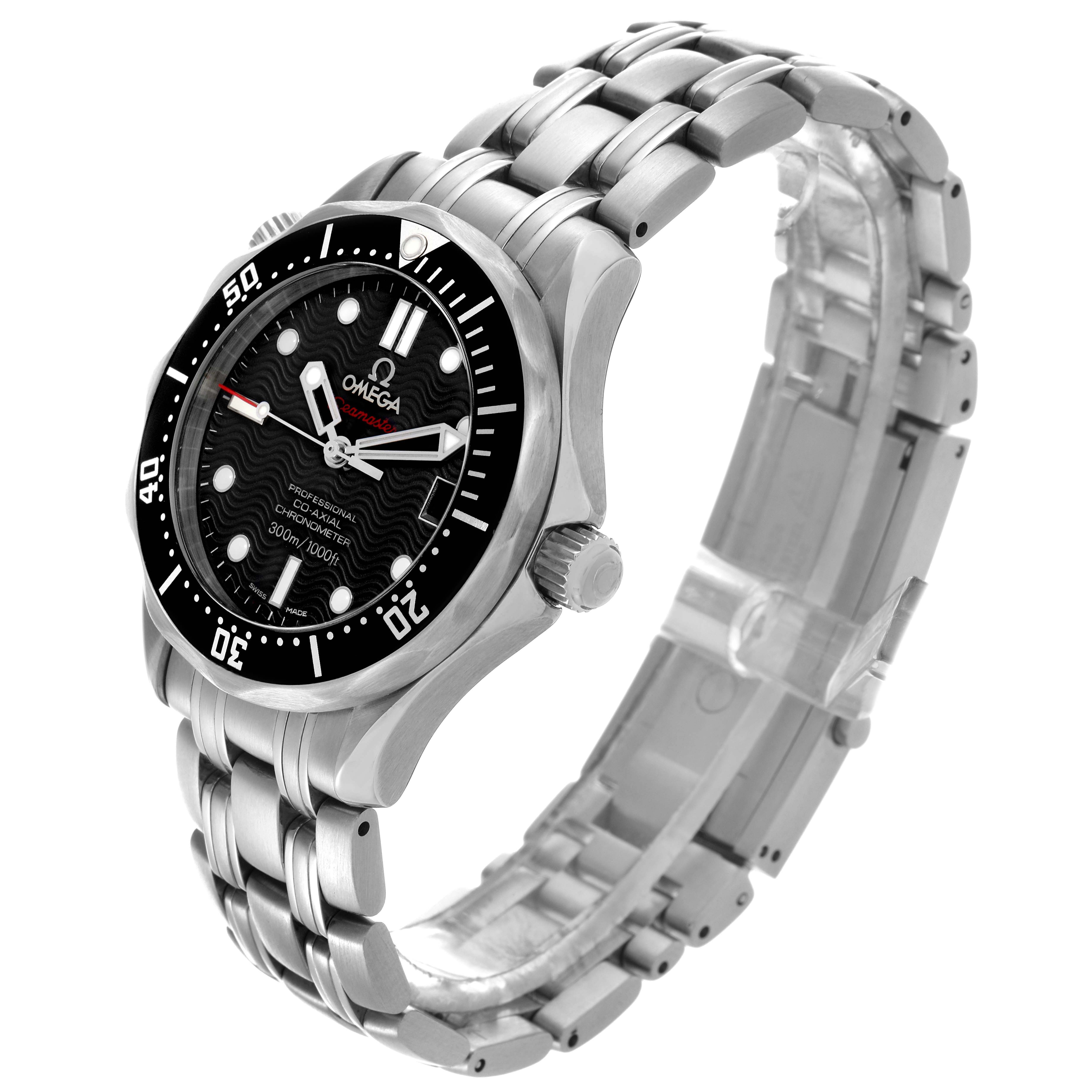 The Omega Seamaster 212.30.36.20.01.001 Men's Stainless Steel Black Dial watch is shown at a three-quarter angle highlighting the face, bezel, crown, and bracelet.