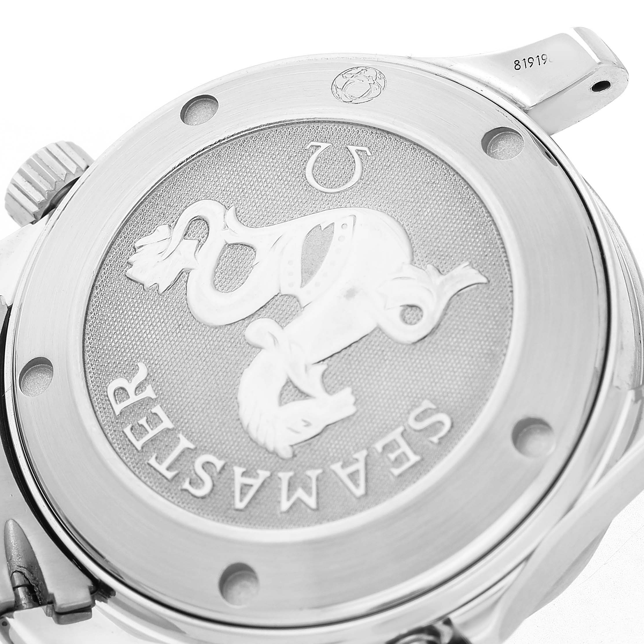 The image shows the case back of an Omega Seamaster 212.30.36.20.01.001 Men's Stainless Steel Black Dial watch with the logo and text visible.