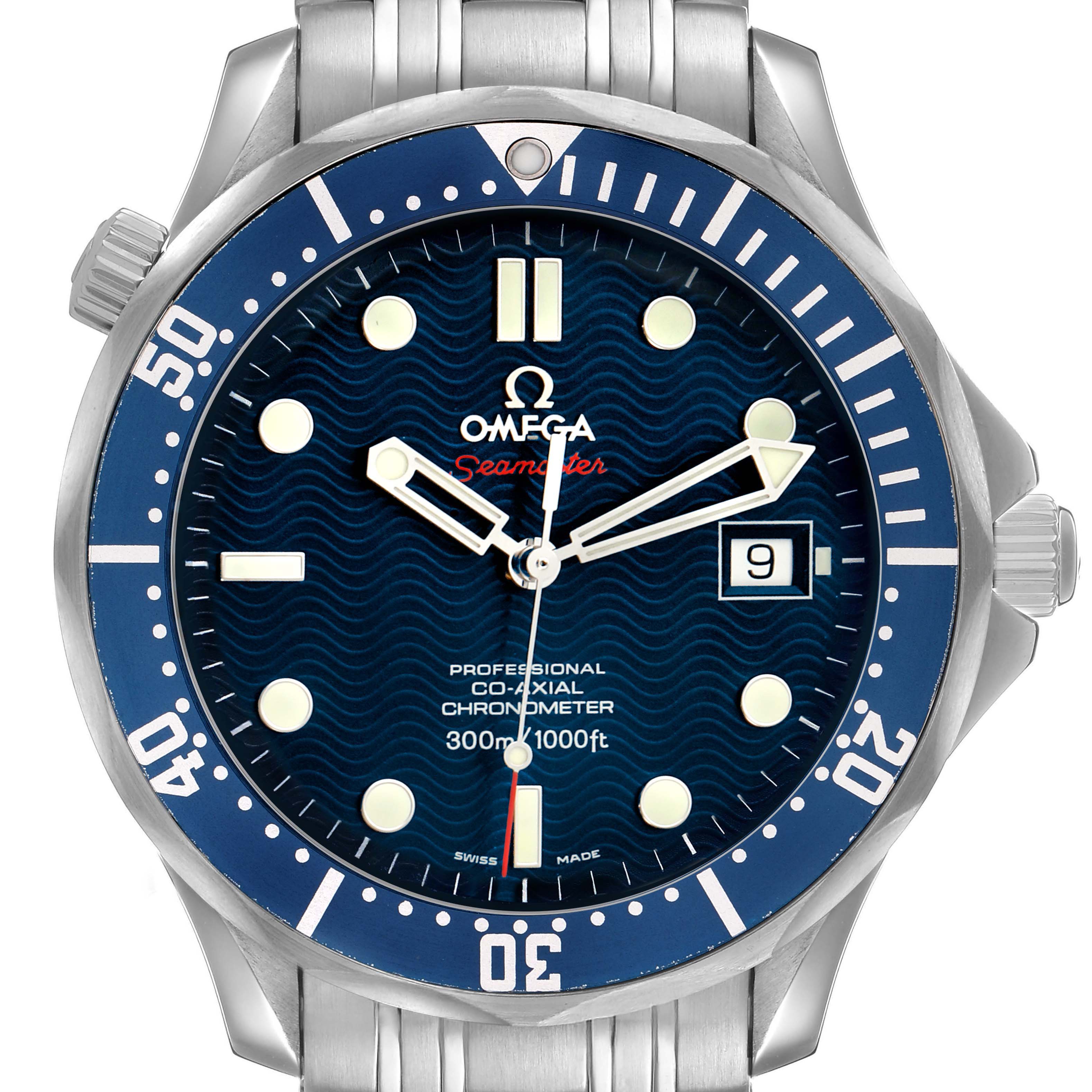 The Omega Seamaster 2220.80.00 Men's Stainless Steel Blue Dial model is shown from the front angle, highlighting its blue dial, bezel, and bracelet.