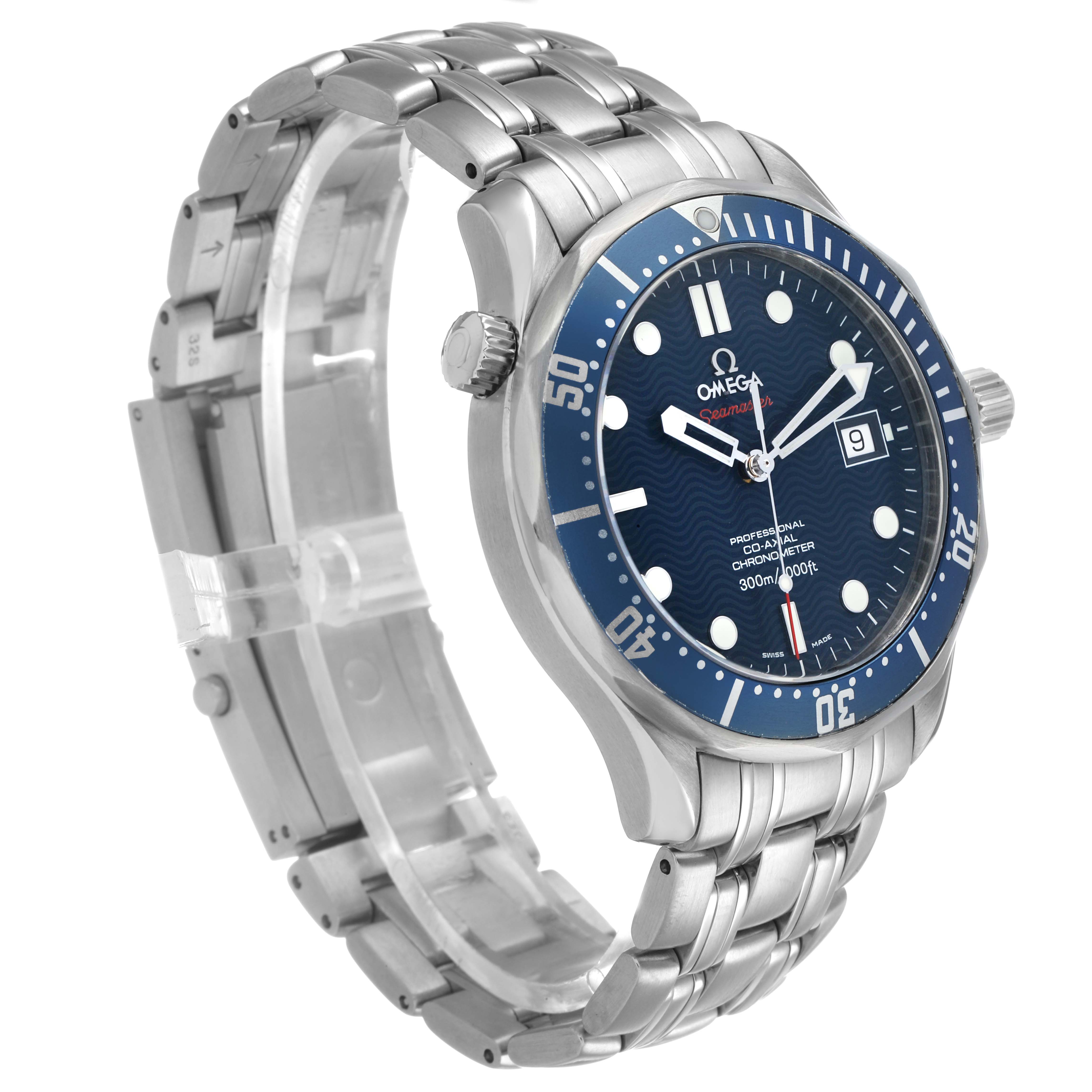 The Omega Seamaster 2220.80.00 Men's Stainless Steel Blue Dial watch is displayed at an angled side view, showing the full bracelet, bezel, dial, and crown.