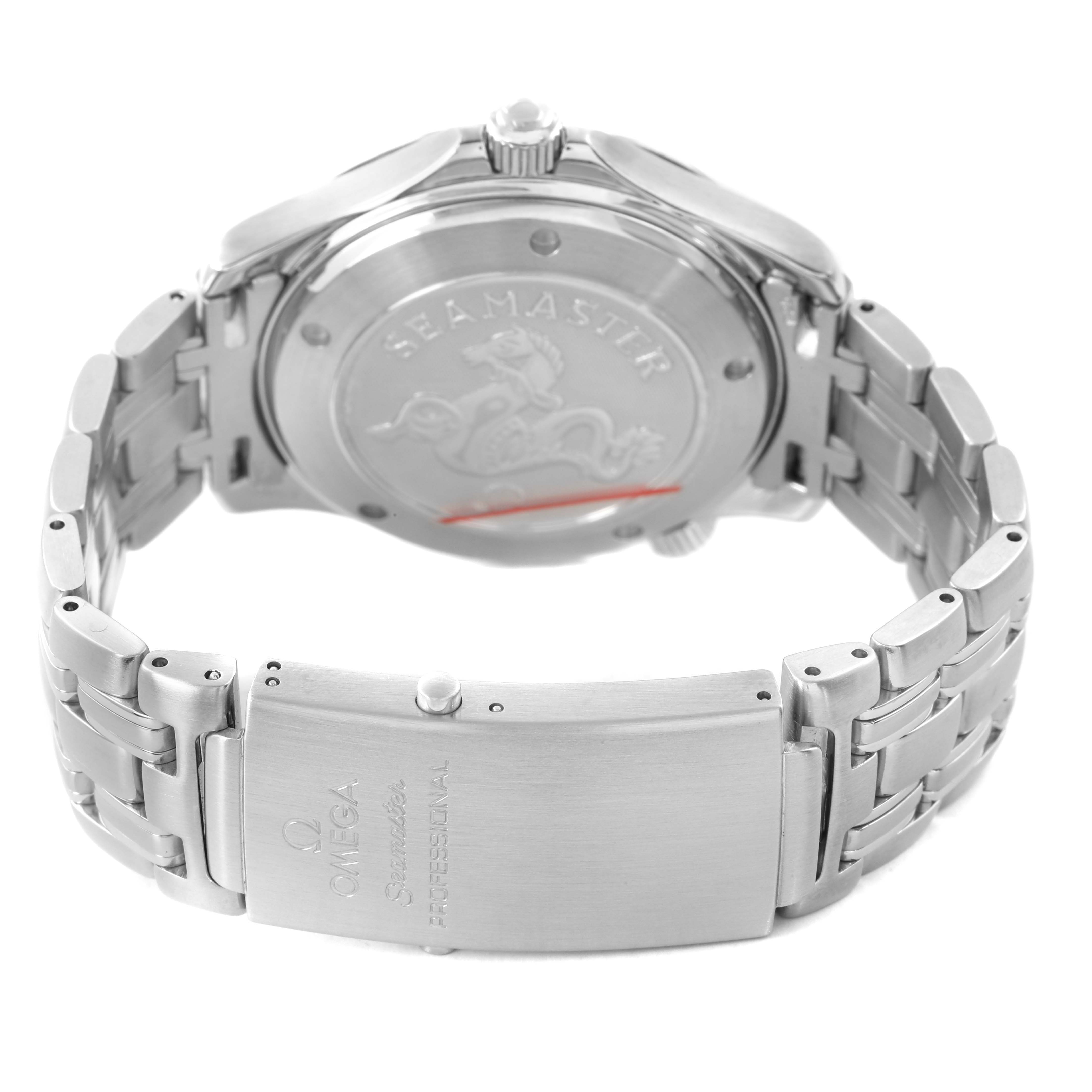 The Omega Seamaster 2220.80.00 Men's Stainless Steel Blue Dial watch is shown from the back, highlighting its case back and stainless steel bracelet with clasp.