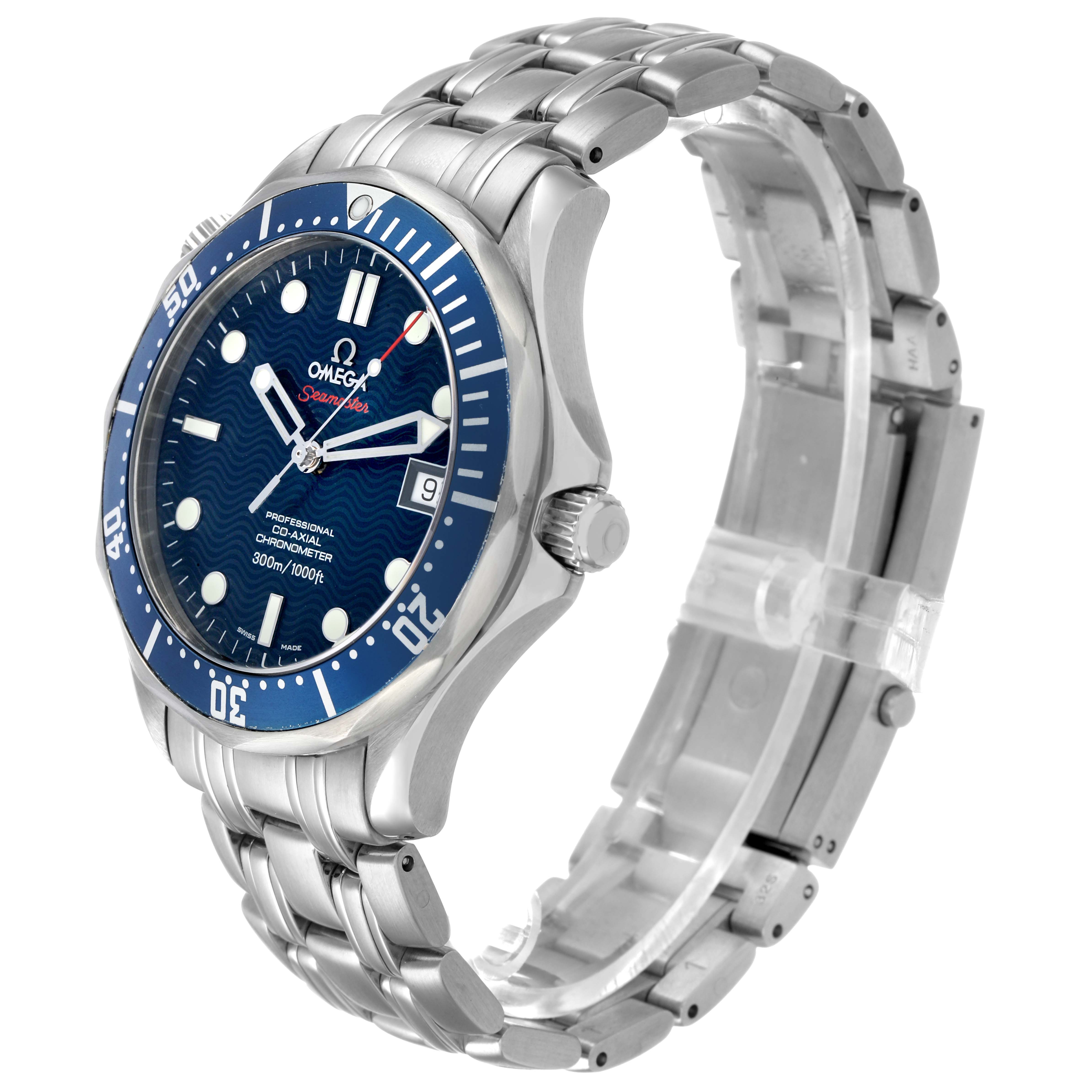 The Omega Seamaster 2220.80.00 Men's Stainless Steel Blue Dial watch is shown at a three-quarter angle, highlighting the dial, bezel, crown, and metal bracelet.