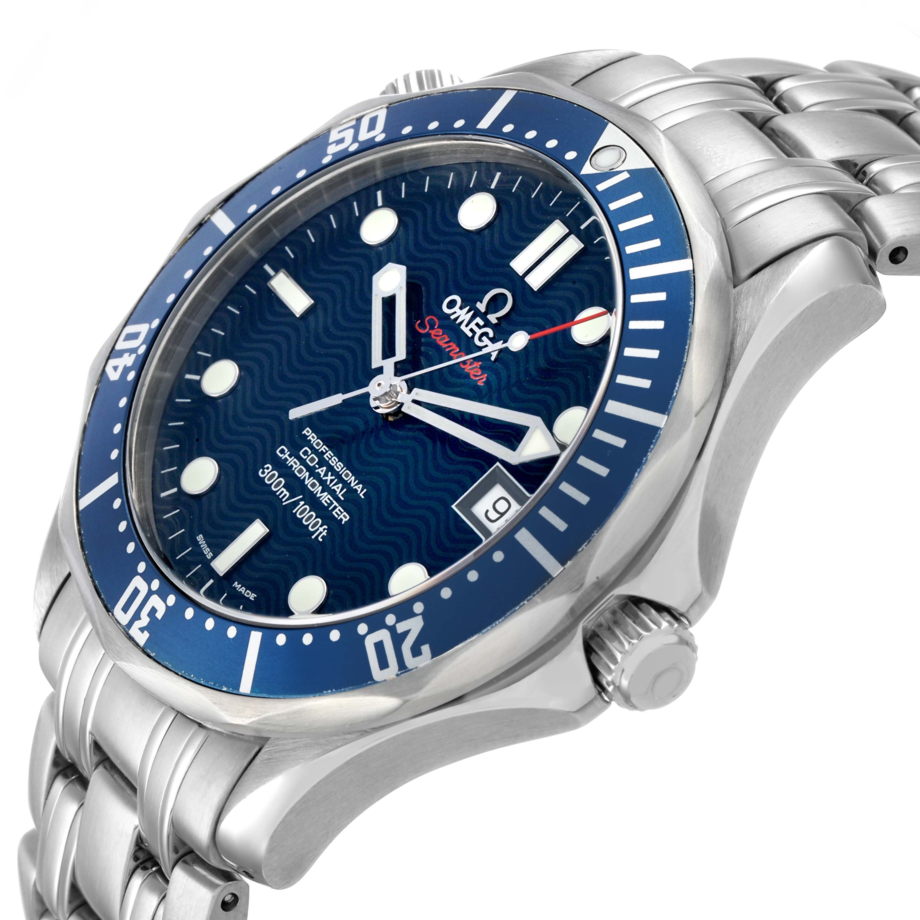 The Omega Seamaster 2220.80.00 Men's Stainless Steel Blue Dial watch is shown at an angled side view, highlighting the bezel, dial, crown, and bracelet.