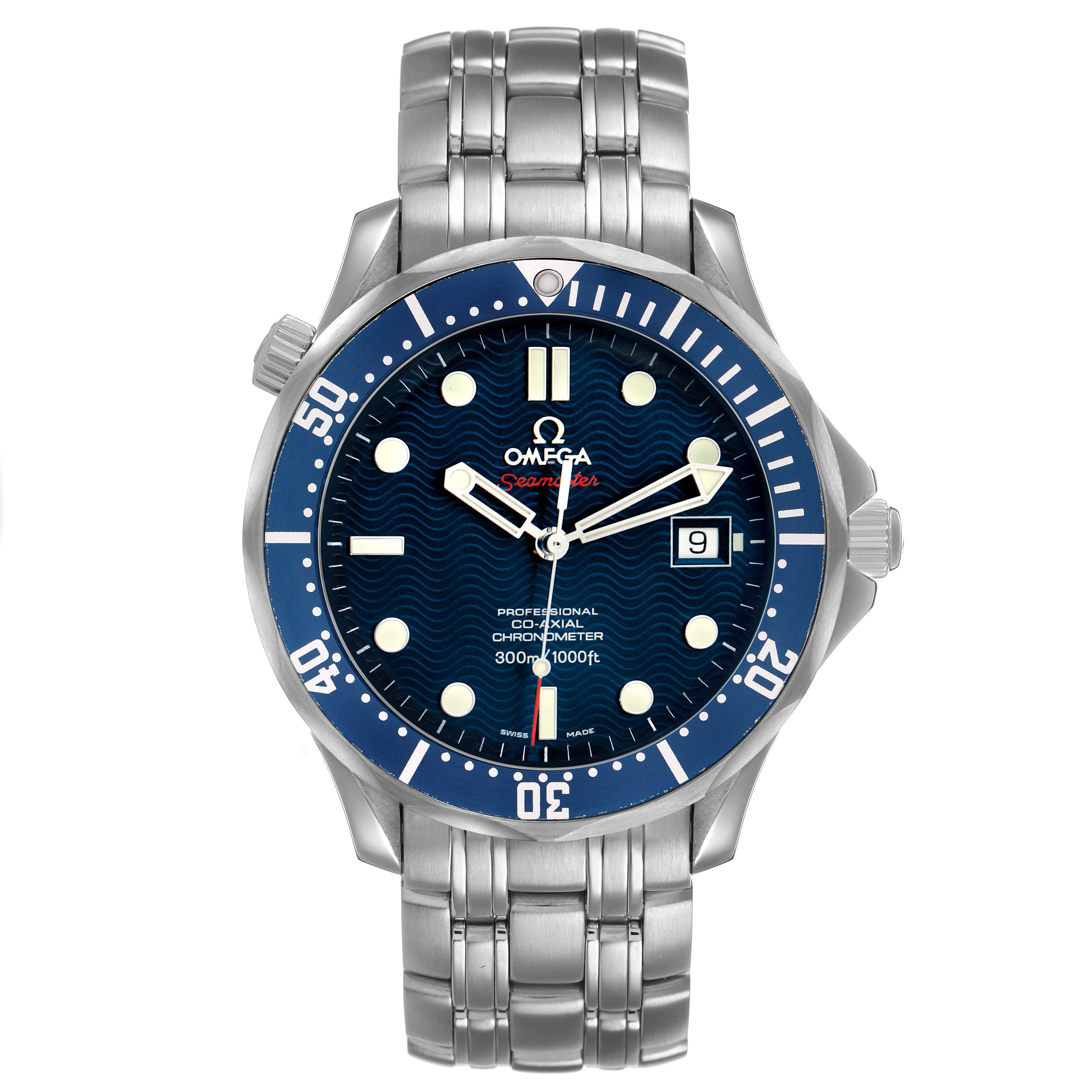 The Omega Seamaster 2220.80.00 Men's Stainless Steel Blue Dial model is shown from a front angle, displaying its dial, bezel, and bracelet.