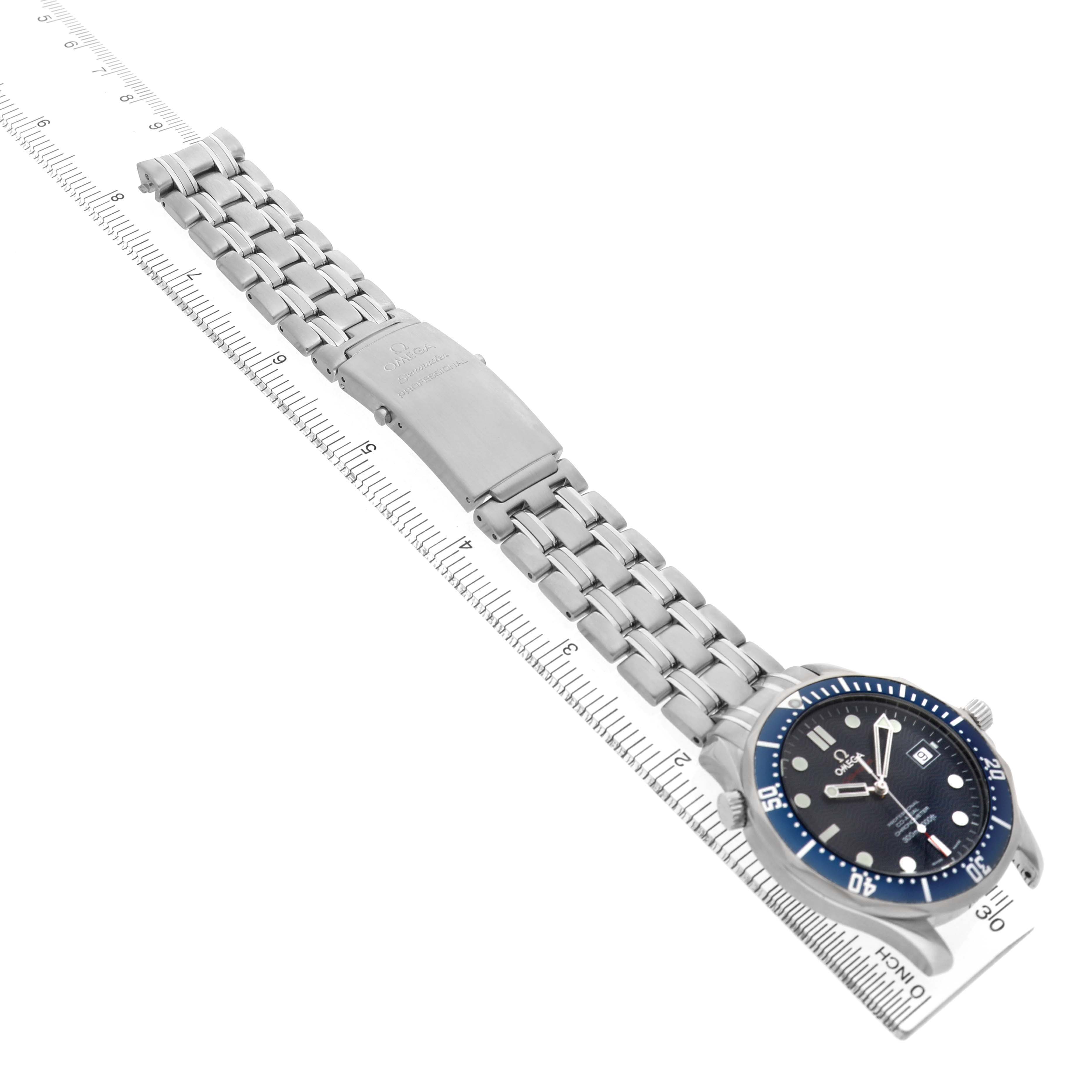 The Omega Seamaster 2220.80.00 Men's Stainless Steel Blue Dial watch is shown at a diagonal angle, highlighting the face, bezel, and metal bracelet with a clasp.