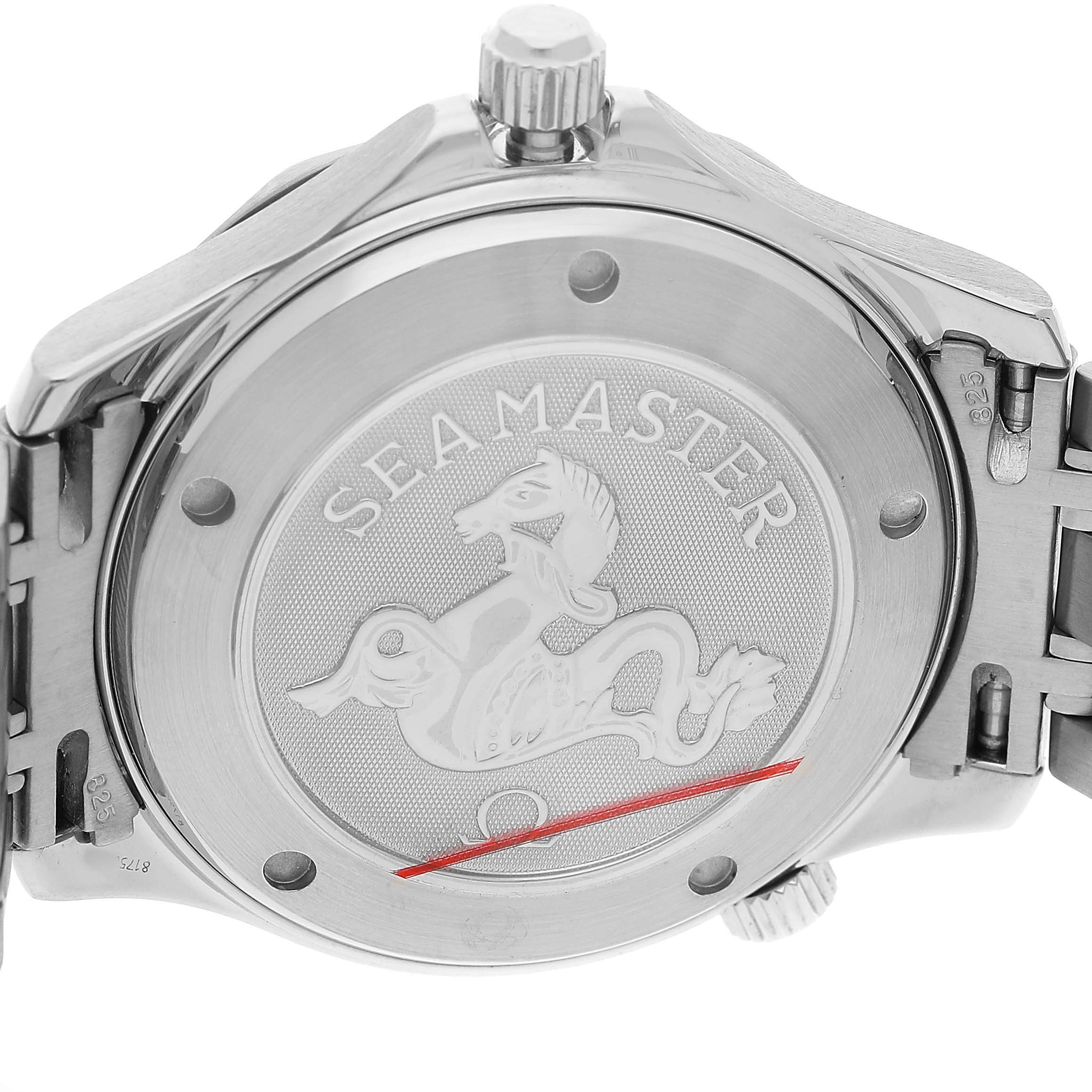 The image shows the case back and bracelet clasp of the Omega Seamaster 2220.80.00 Men's Stainless Steel Blue Dial watch, featuring its emblem and branding.