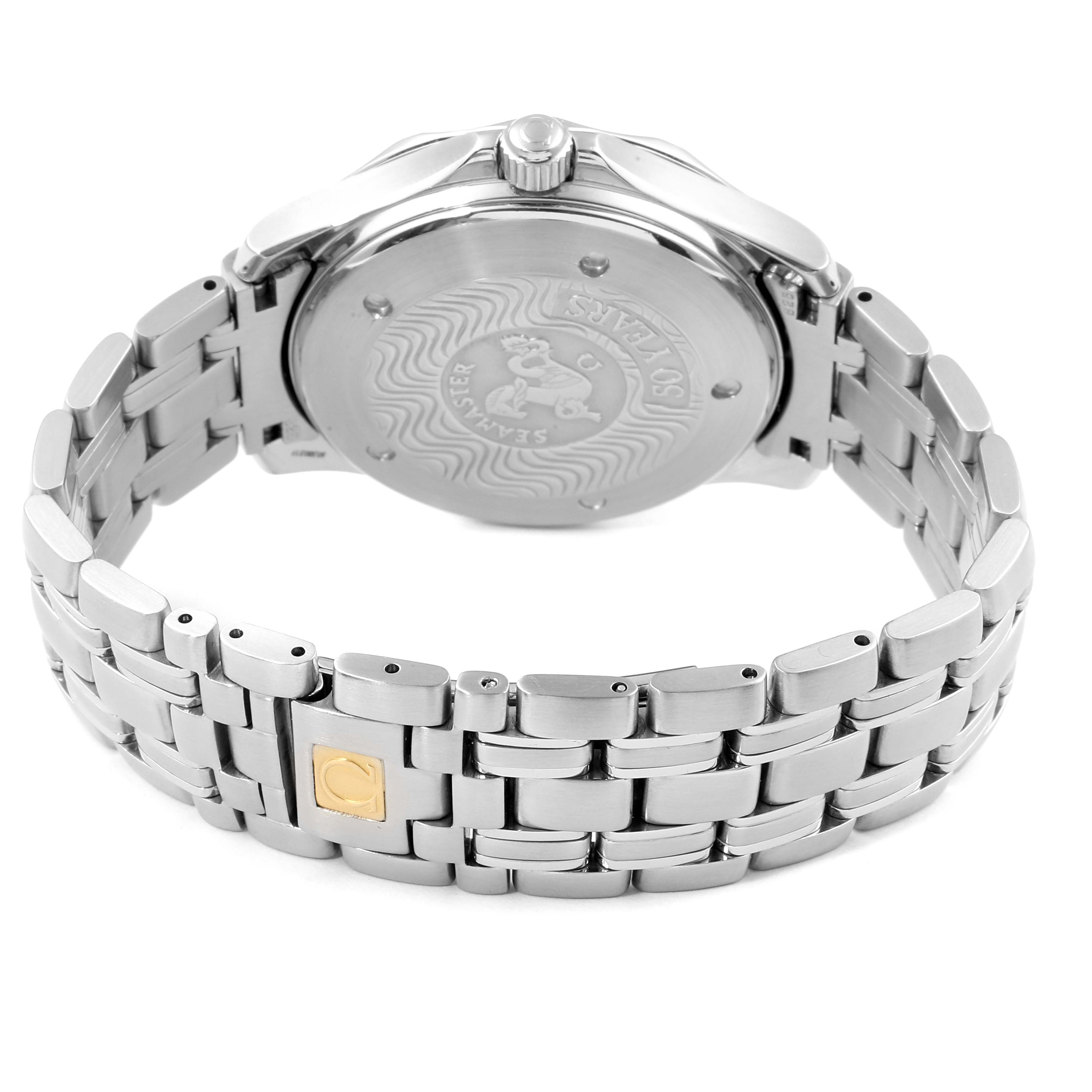 This image shows the back view of an Omega Seamaster 2534.50.00 Men
s Stainless Steel Black Dial 2534.50.00 Men
s Stainless Steel Black Dial watch, highlighting the stainless steel case and bracelet clasp.