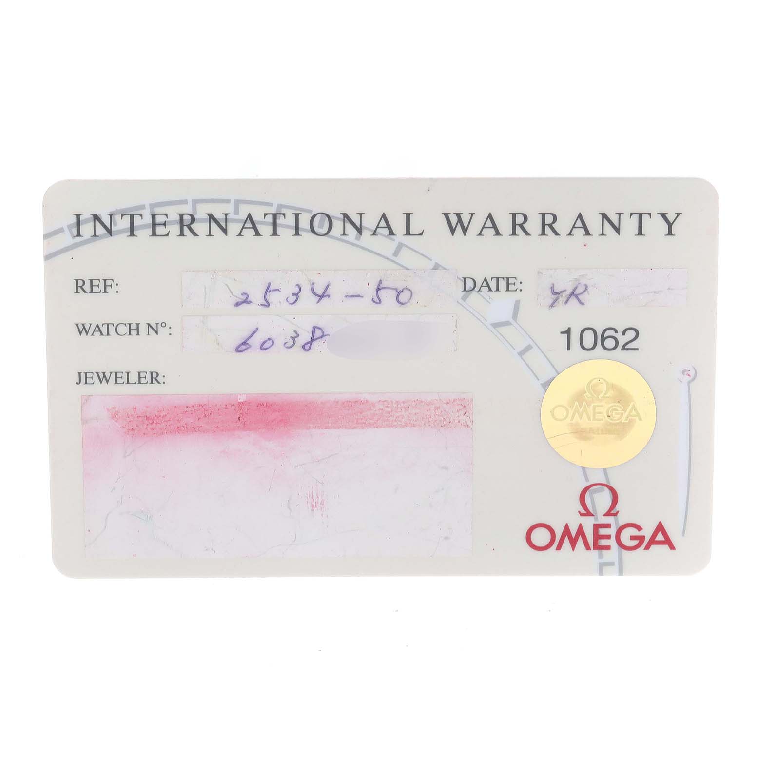 This image shows an Omega Seamaster 2534.50.00 Men
s Stainless Steel Black Dial 2534.50.00 Men
s Stainless Steel Black Dial International Warranty card from a front angle.