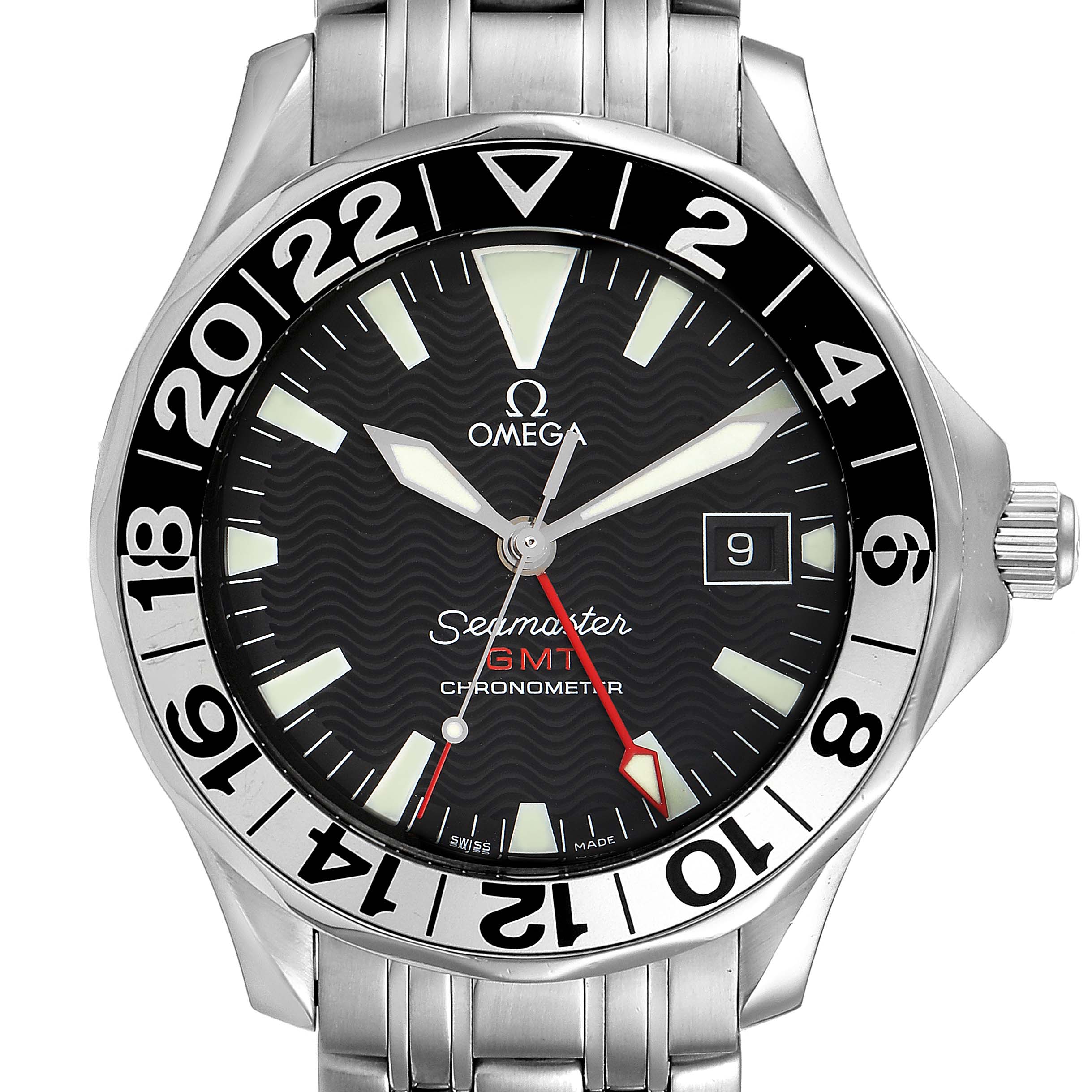 The image shows a front view of the Omega Seamaster 2534.50.00 Men
s Stainless Steel Black Dial 2534.50.00 Men
s Stainless Steel Black Dial GMT Chronometer watch, including its bezel, dial, hands, and part of the bracelet.