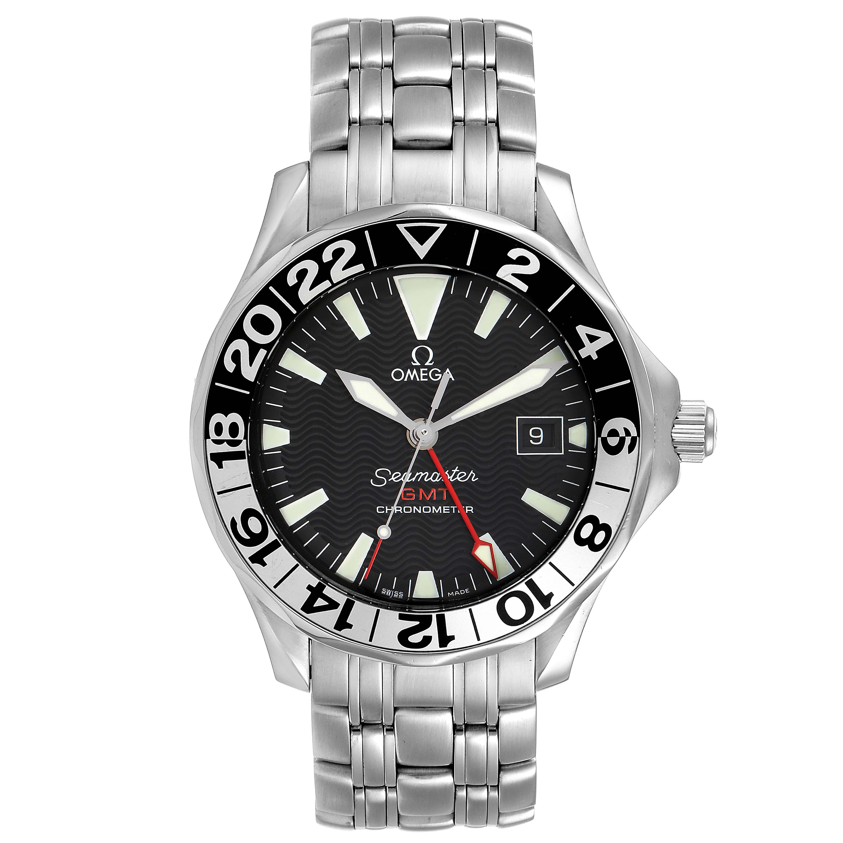 The image shows a front view of an Omega Seamaster 2534.50.00 Men
s Stainless Steel Black Dial 2534.50.00 Men
s Stainless Steel Black Dial watch displaying its dial, bezel, hands, and stainless steel bracelet.