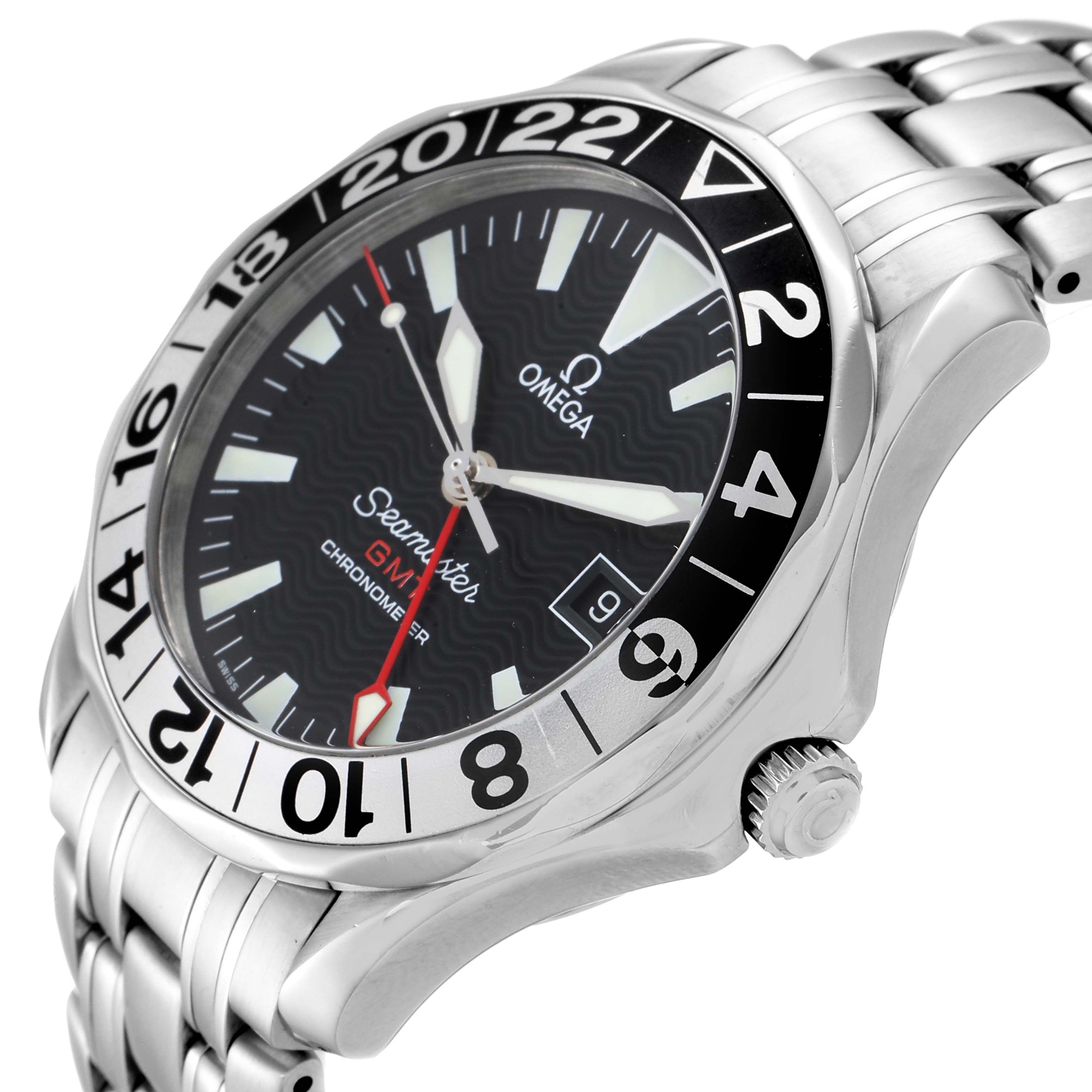 The Omega Seamaster 2534.50.00 Men
s Stainless Steel Black Dial 2534.50.00 Men
s Stainless Steel Black Dial watch is shown at an angle highlighting its face, bezel, crown, and stainless steel bracelet.