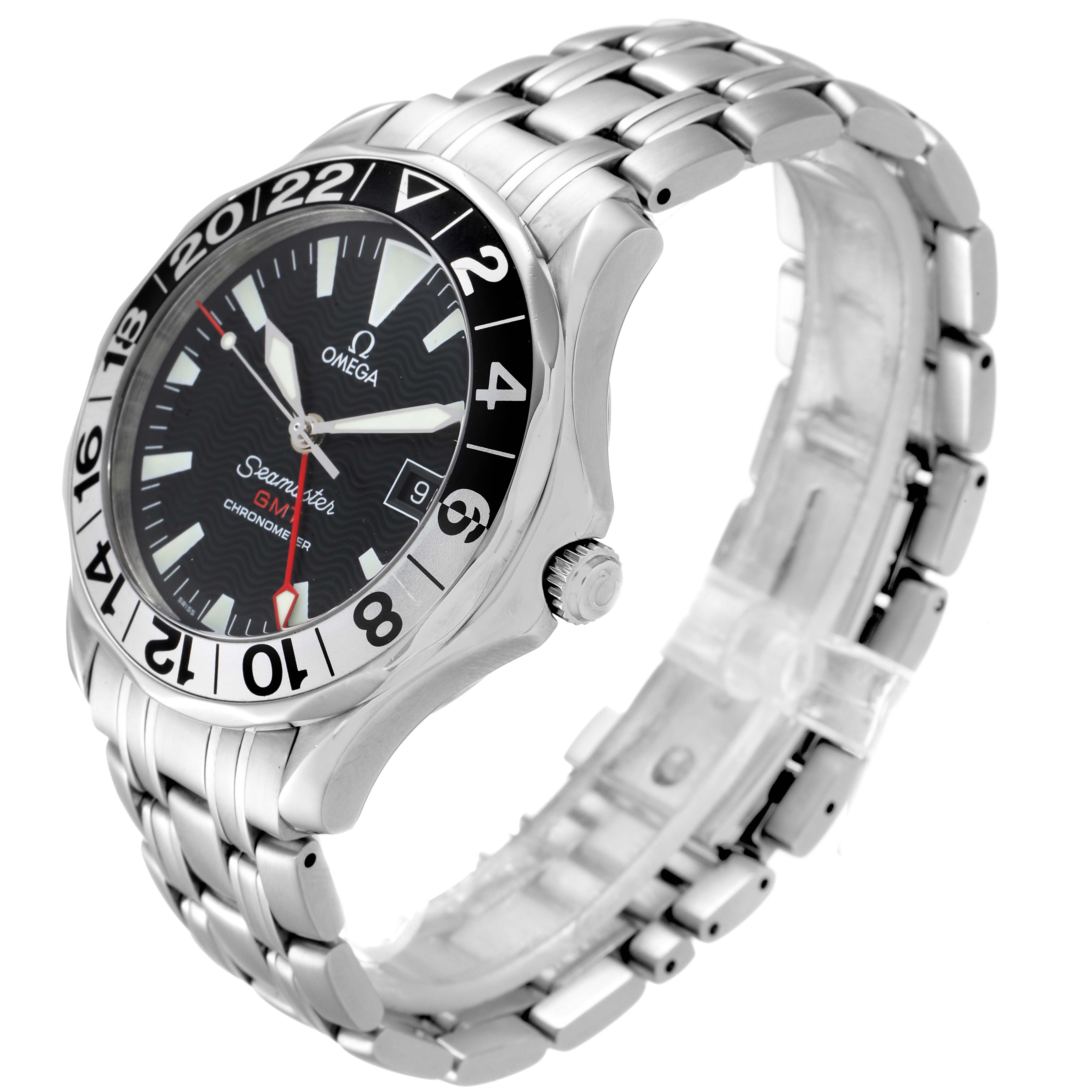 The Omega Seamaster 2534.50.00 Men
s Stainless Steel Black Dial 2534.50.00 Men
s Stainless Steel Black Dial watch is shown at a 3/4 angle, highlighting the face, bezel, and metal bracelet.