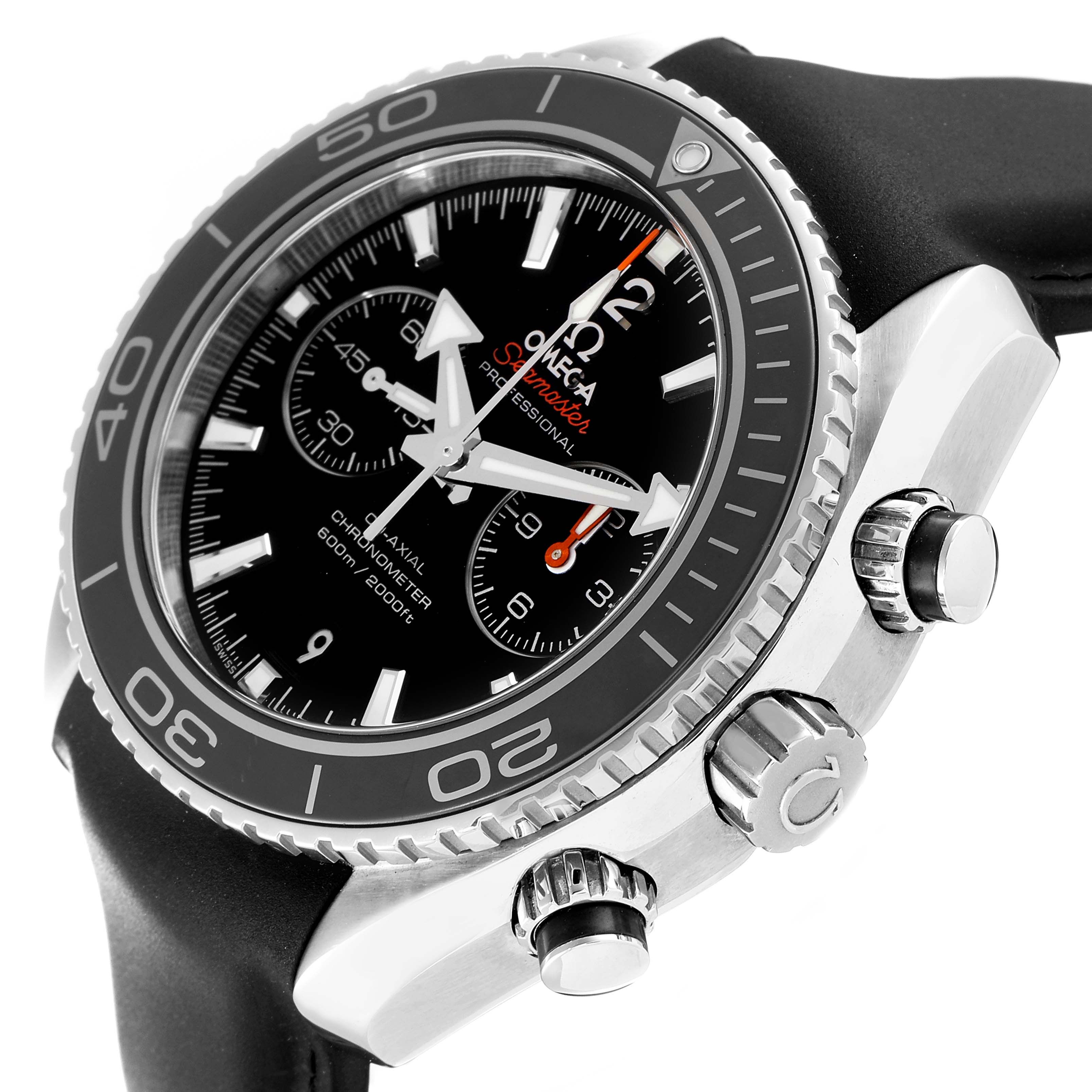 The image shows an angled close-up of the Omega Planet Ocean 232.32.46.51.01.003 Men
s Stainless Steel Black Dial 232.32.46.51.01.003 Men
s Stainless Steel Black Dial watch, displaying its bezel, crown, pushers, and part of the strap.