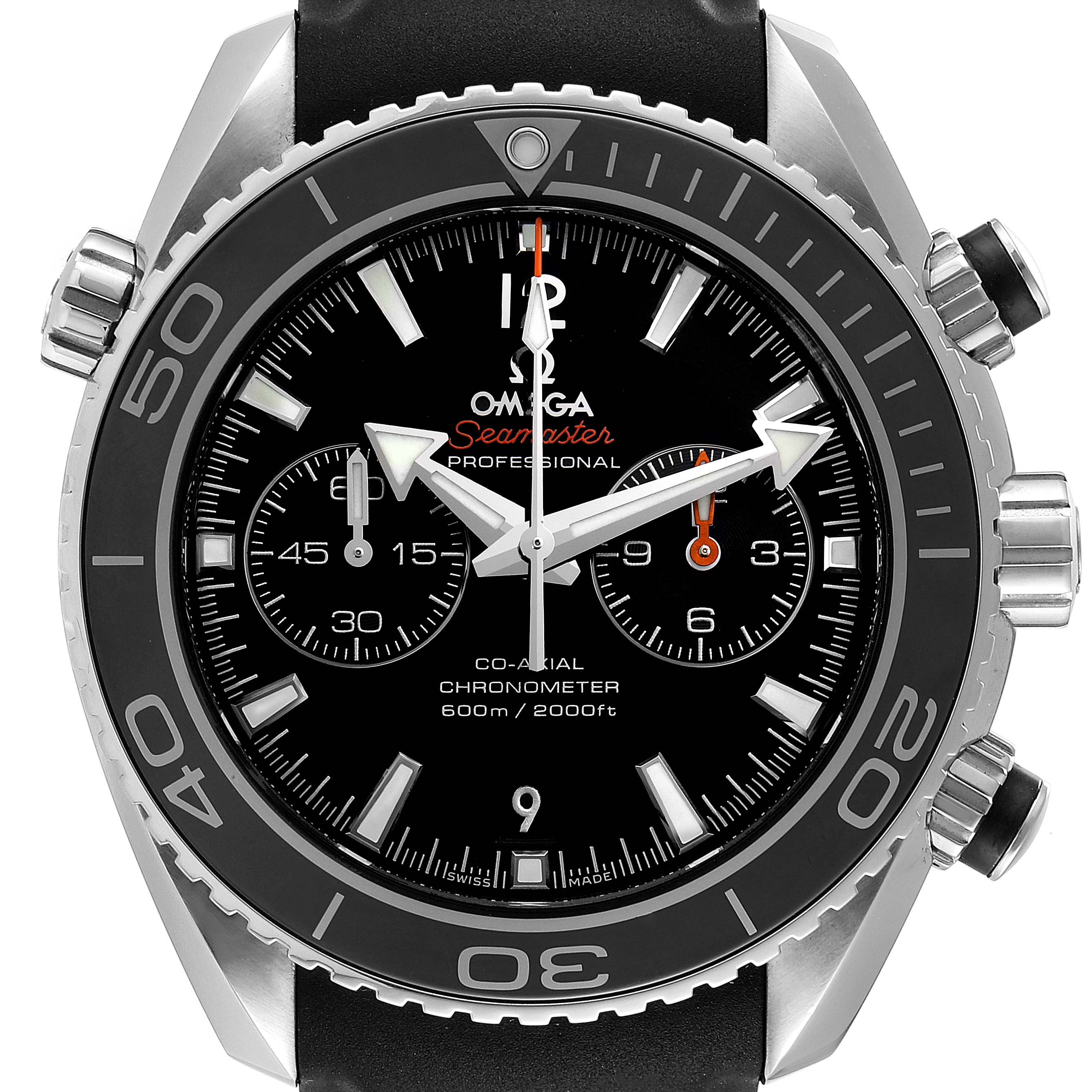 Front view of the Omega Planet Ocean 232.32.46.51.01.003 Men
s Stainless Steel Black Dial 232.32.46.51.01.003 Men
s Stainless Steel Black Dial watch showing its bezel, dial, sub-dials, hands, and crown.