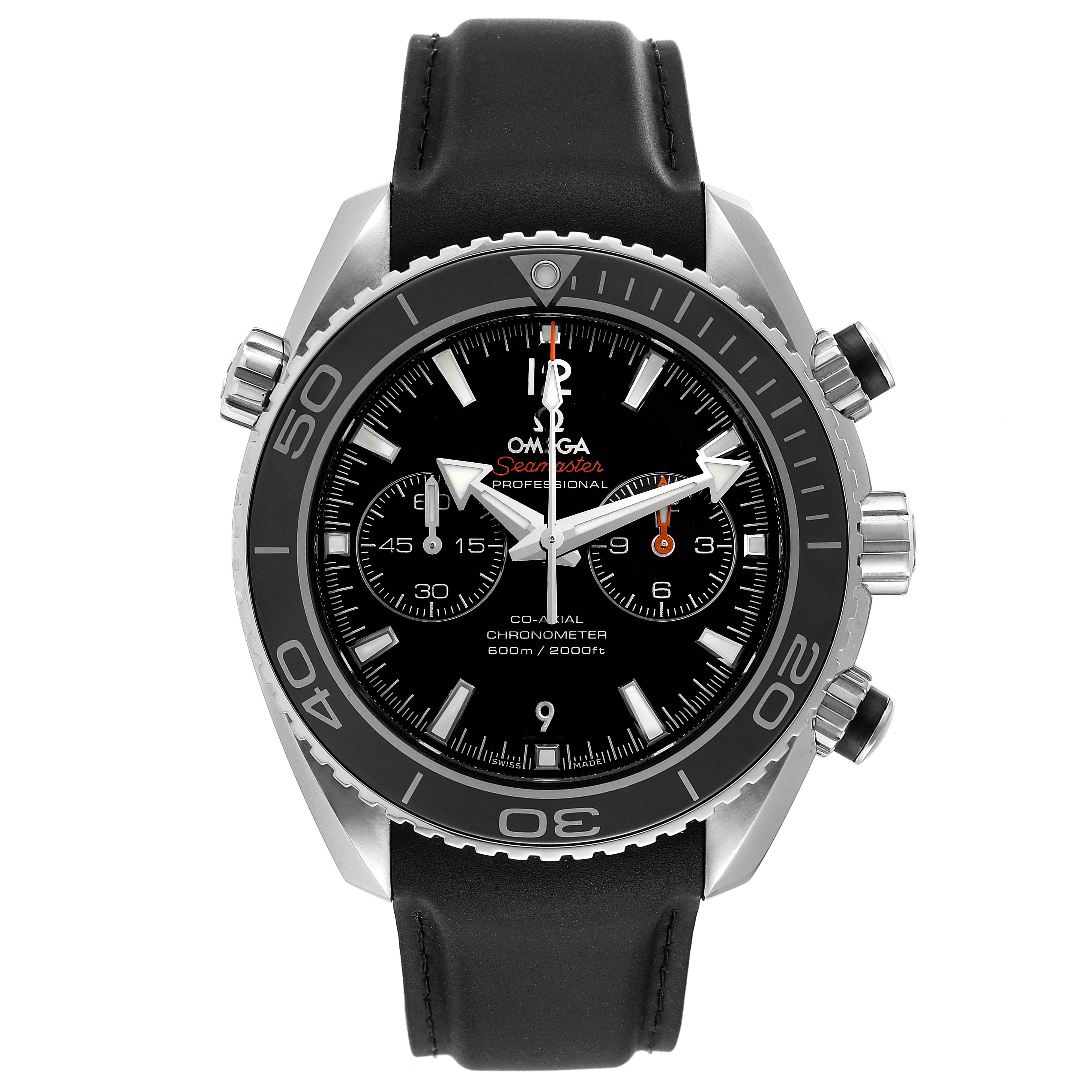 The image displays a front view of the Omega Planet Ocean 232.32.46.51.01.003 Men
s Stainless Steel Black Dial 232.32.46.51.01.003 Men
s Stainless Steel Black Dial model with its black dial, bezel, pushers, and strap.