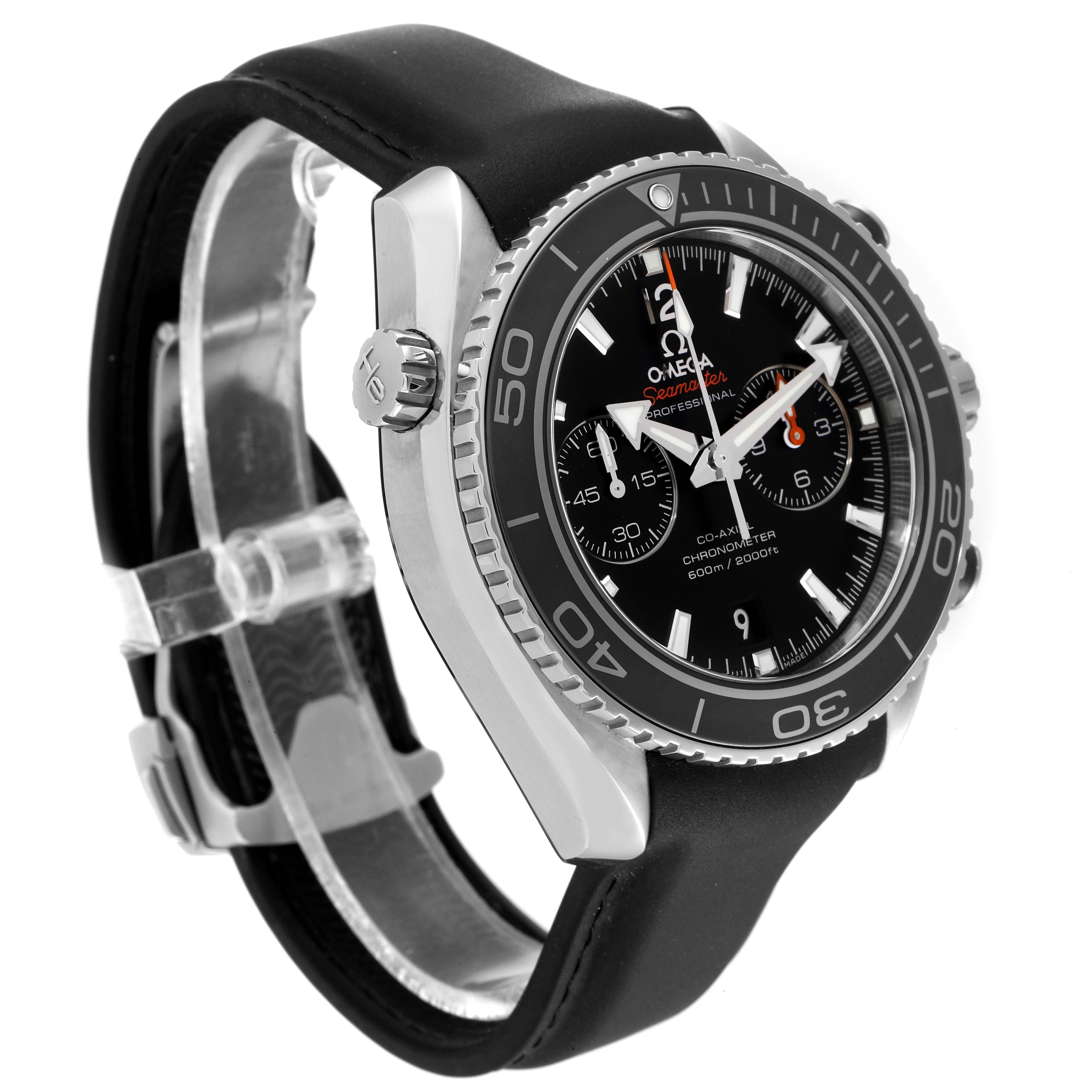 The image shows an Omega Planet Ocean 232.32.46.51.01.003 Men
s Stainless Steel Black Dial 232.32.46.51.01.003 Men
s Stainless Steel Black Dial watch at a three-quarter angle, highlighting the watch face, bezel, crown, and black strap.