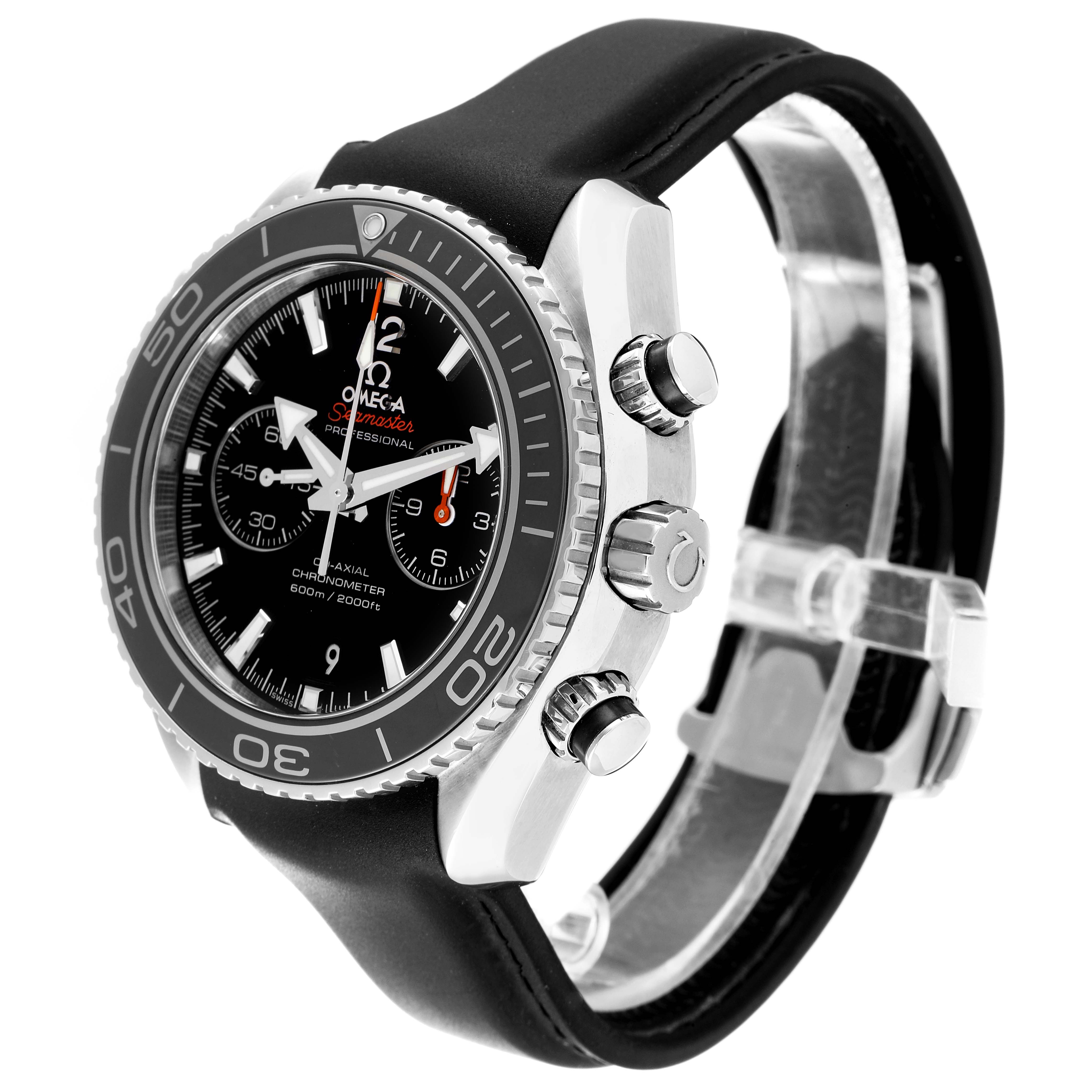 The image shows an angled side view of the Omega Seamaster Planet Ocean watch, highlighting the case, bezel, crown, and pushers.