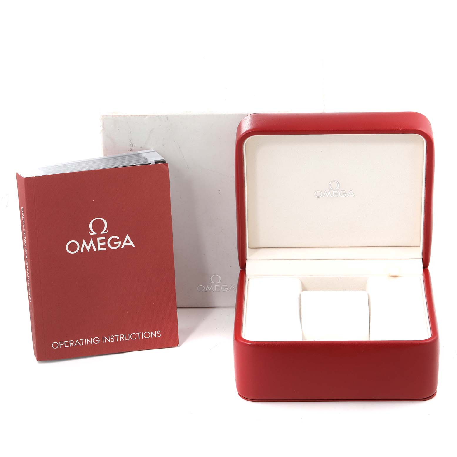 The image shows the box and operating instructions for the Omega Planet Ocean 232.32.46.51.01.003 Men
s Stainless Steel Black Dial 232.32.46.51.01.003 Men
s Stainless Steel Black Dial watch model.