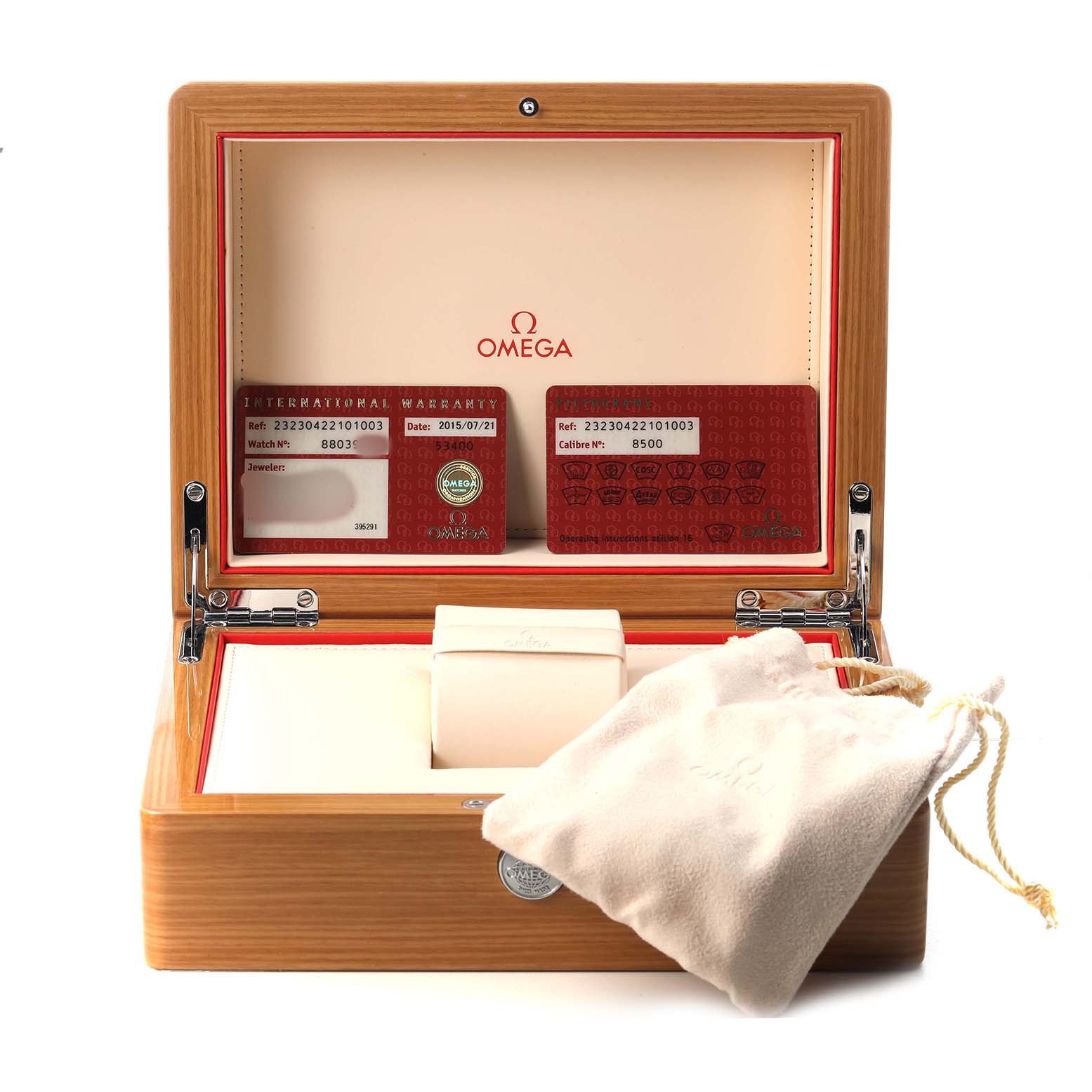 The image shows an Omega Planet Ocean 232.30.42.21.01.003 Men's Stainless Steel Black Dial watch box open, featuring warranty cards and a storage pouch.