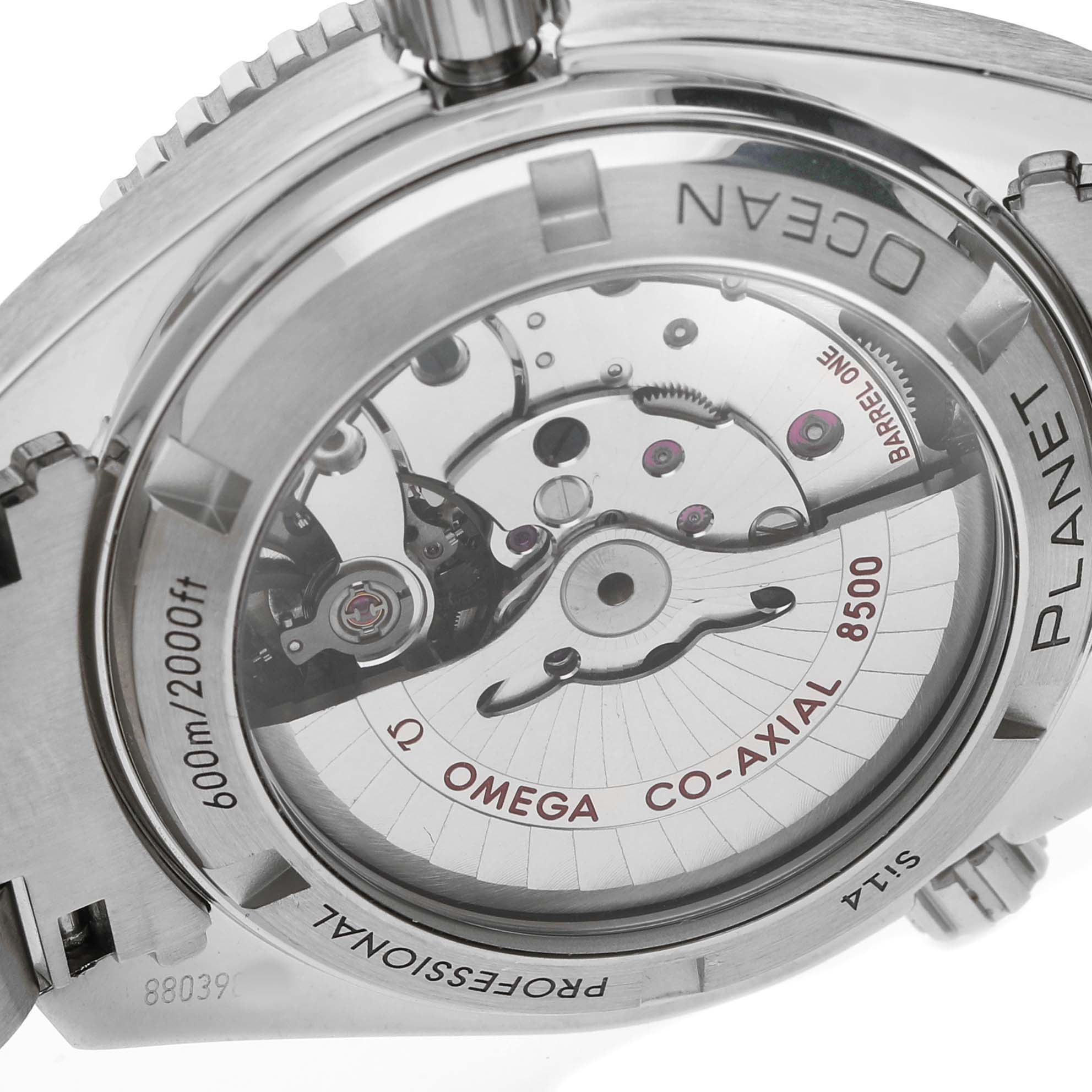 The image shows the back view of the Omega Planet Ocean 232.30.42.21.01.003 Men's Stainless Steel Black Dial watch, highlighting the co-axial caliber 8500 movement.