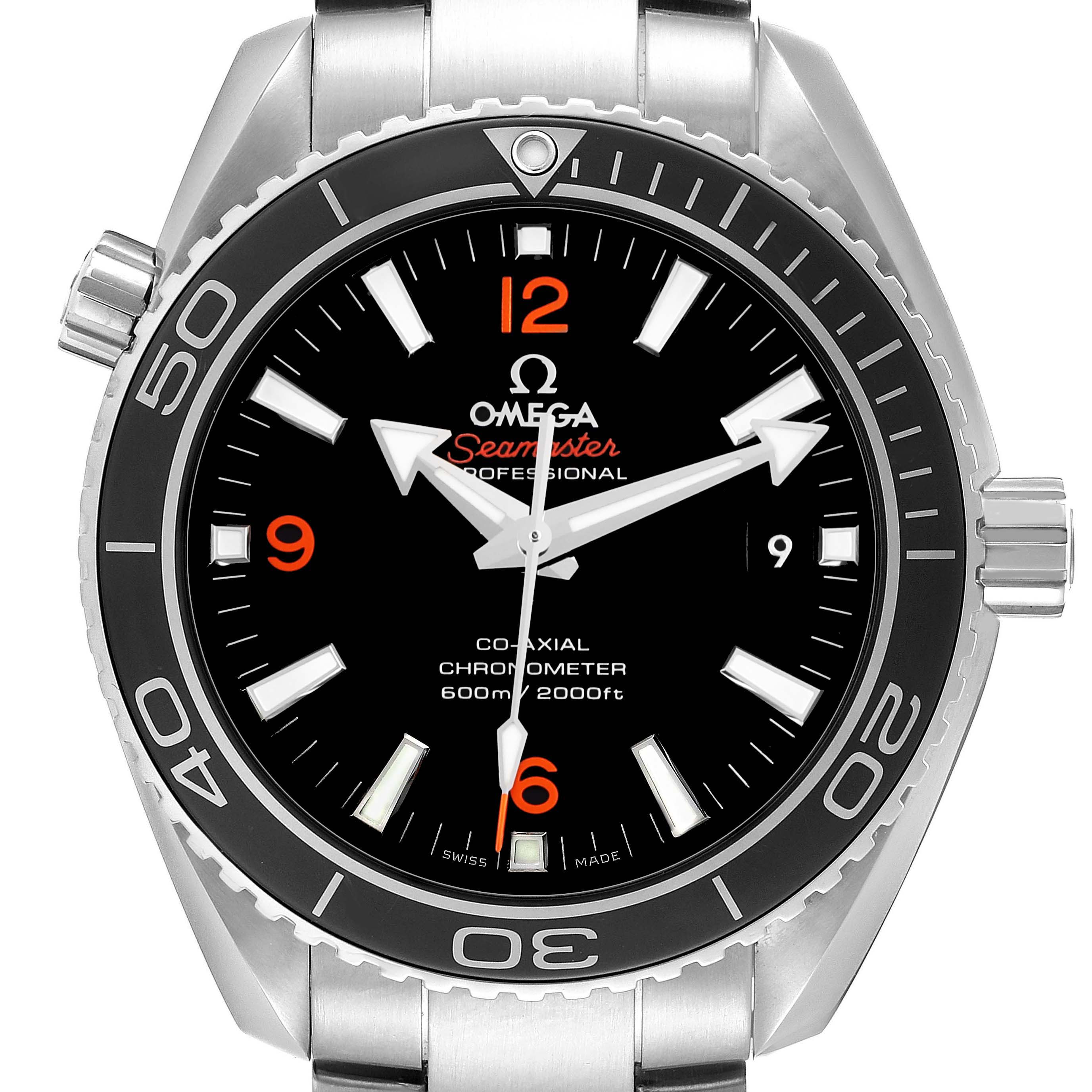 The Omega Planet Ocean 232.30.42.21.01.003 Men's Stainless Steel Black Dial watch is shown from a front angle, highlighting the dial, bezel, and part of the bracelet.