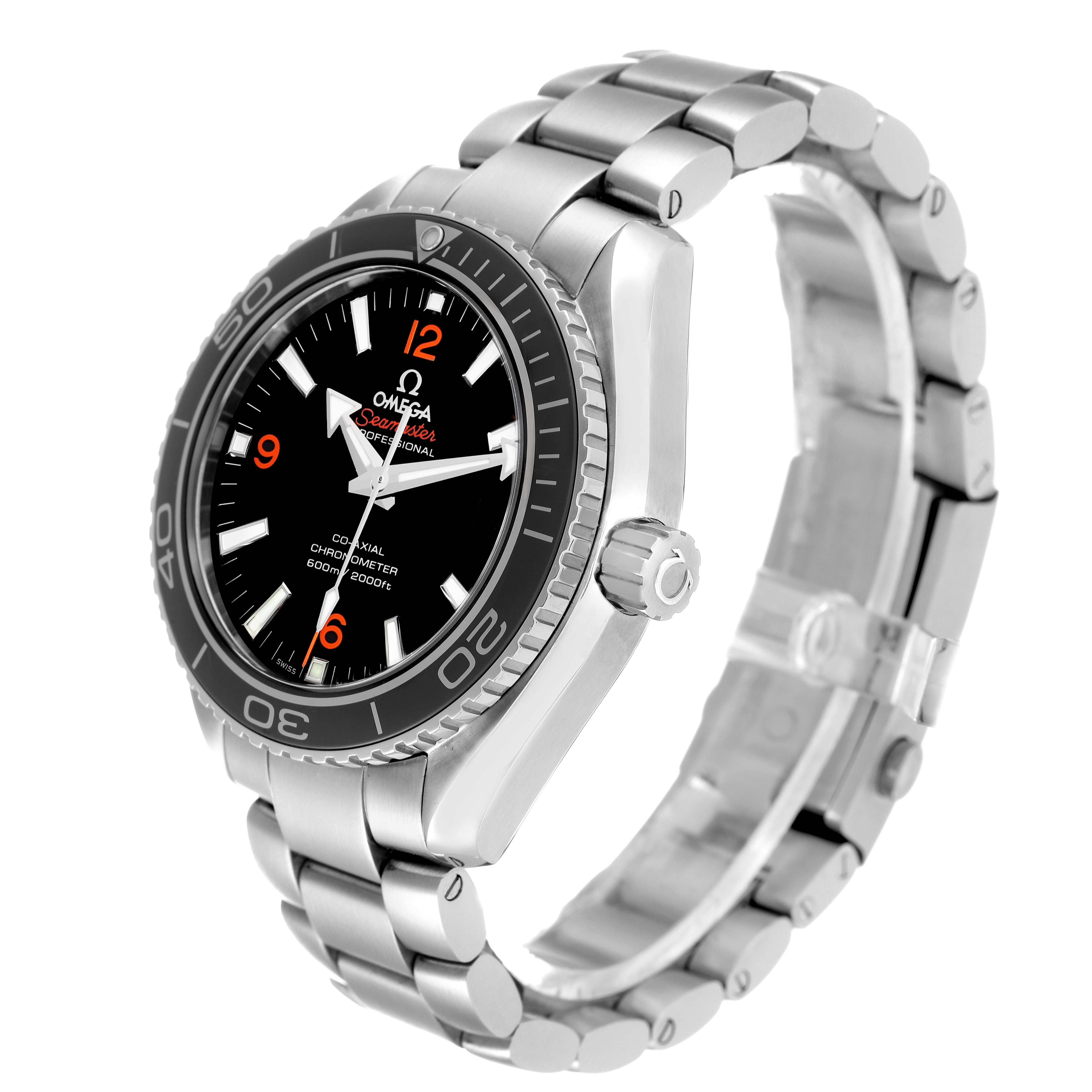 The Omega Planet Ocean 232.30.42.21.01.003 Men's Stainless Steel Black Dial watch is shown at an angled side view, displaying the bracelet, bezel, crown, and face.