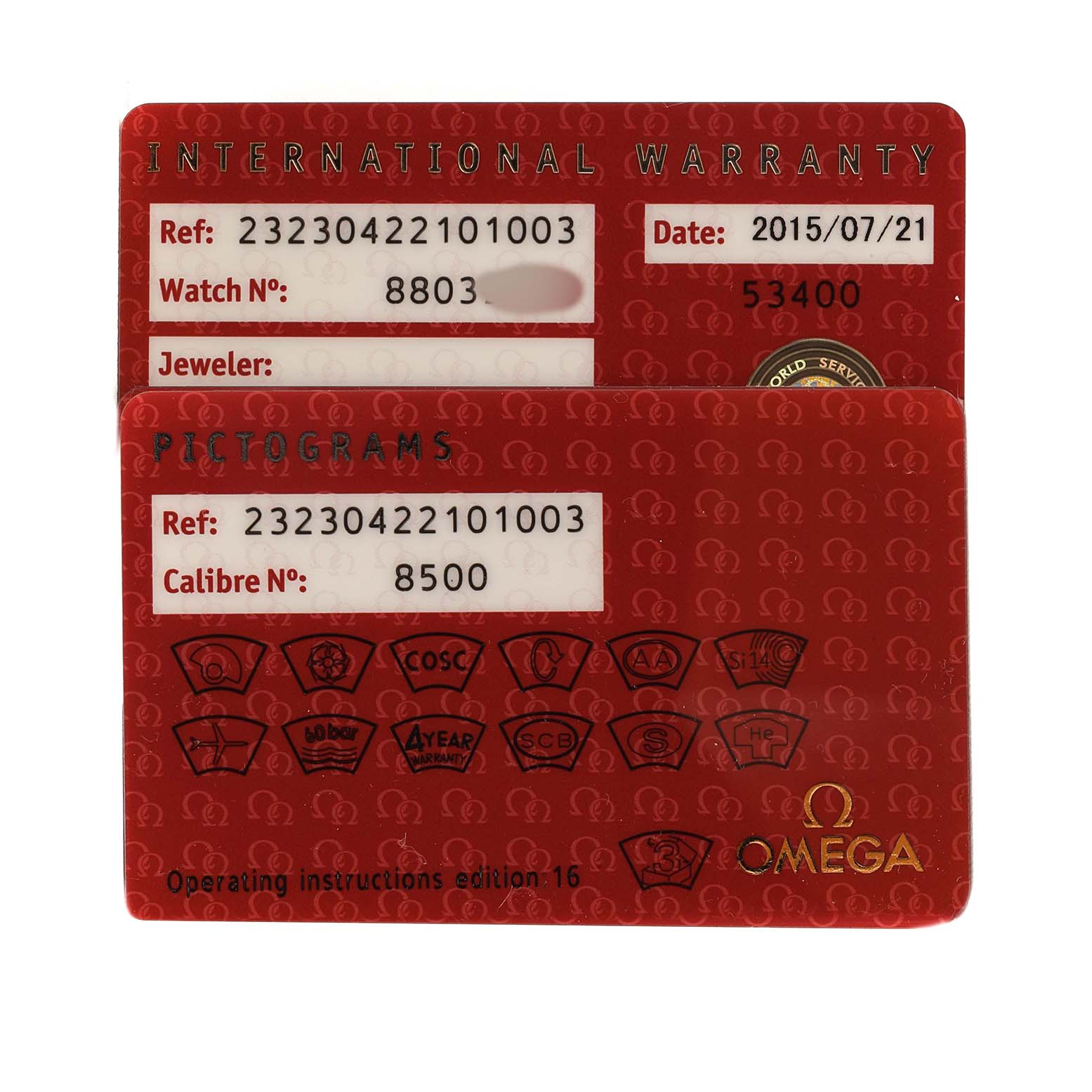 The image shows warranty and pictogram cards for the Omega Planet Ocean 232.30.42.21.01.003 Men's Stainless Steel Black Dial model.