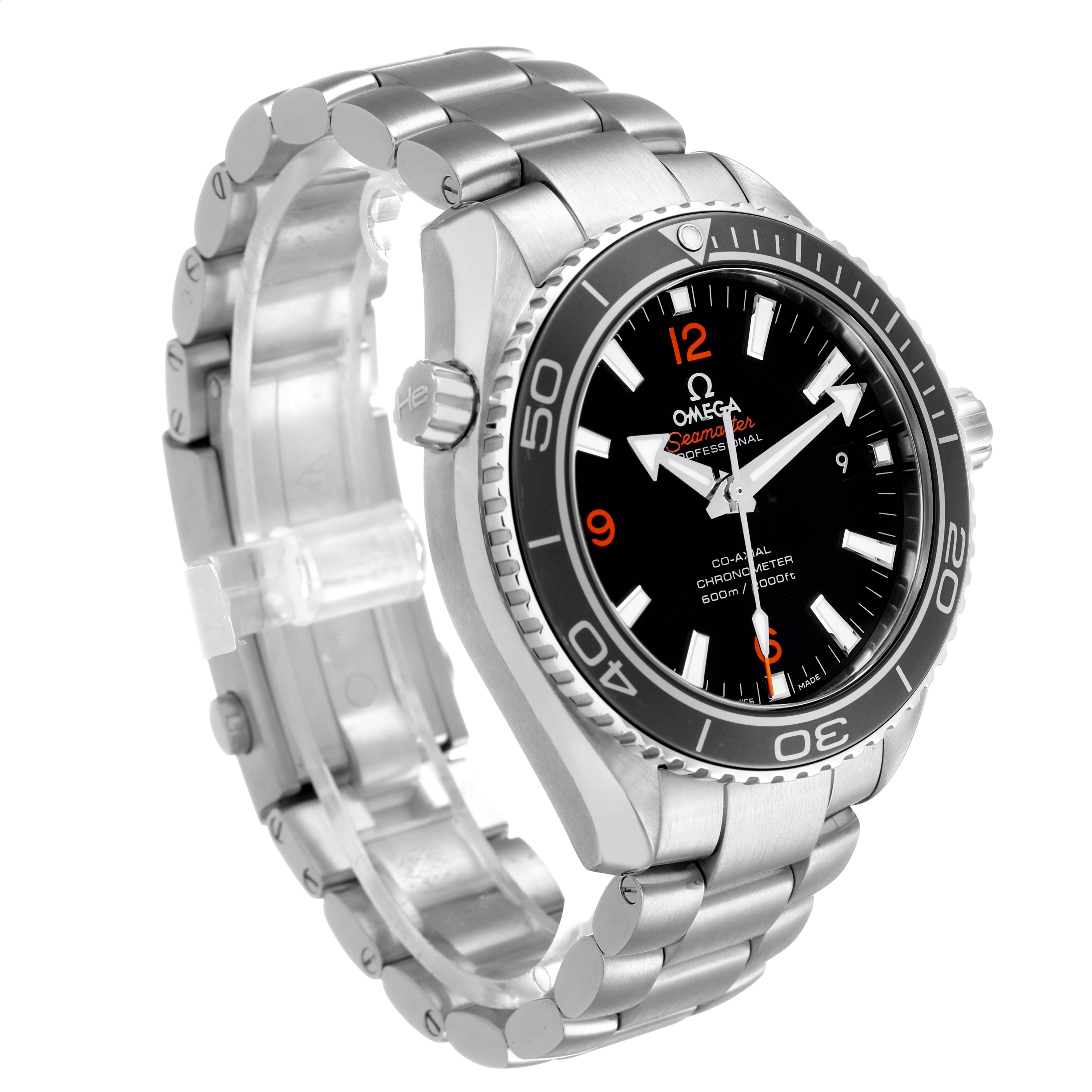 The Omega Planet Ocean 232.30.42.21.01.003 Men's Stainless Steel Black Dial watch is shown at an angled view, highlighting the dial, bezel, bracelet, and crown.