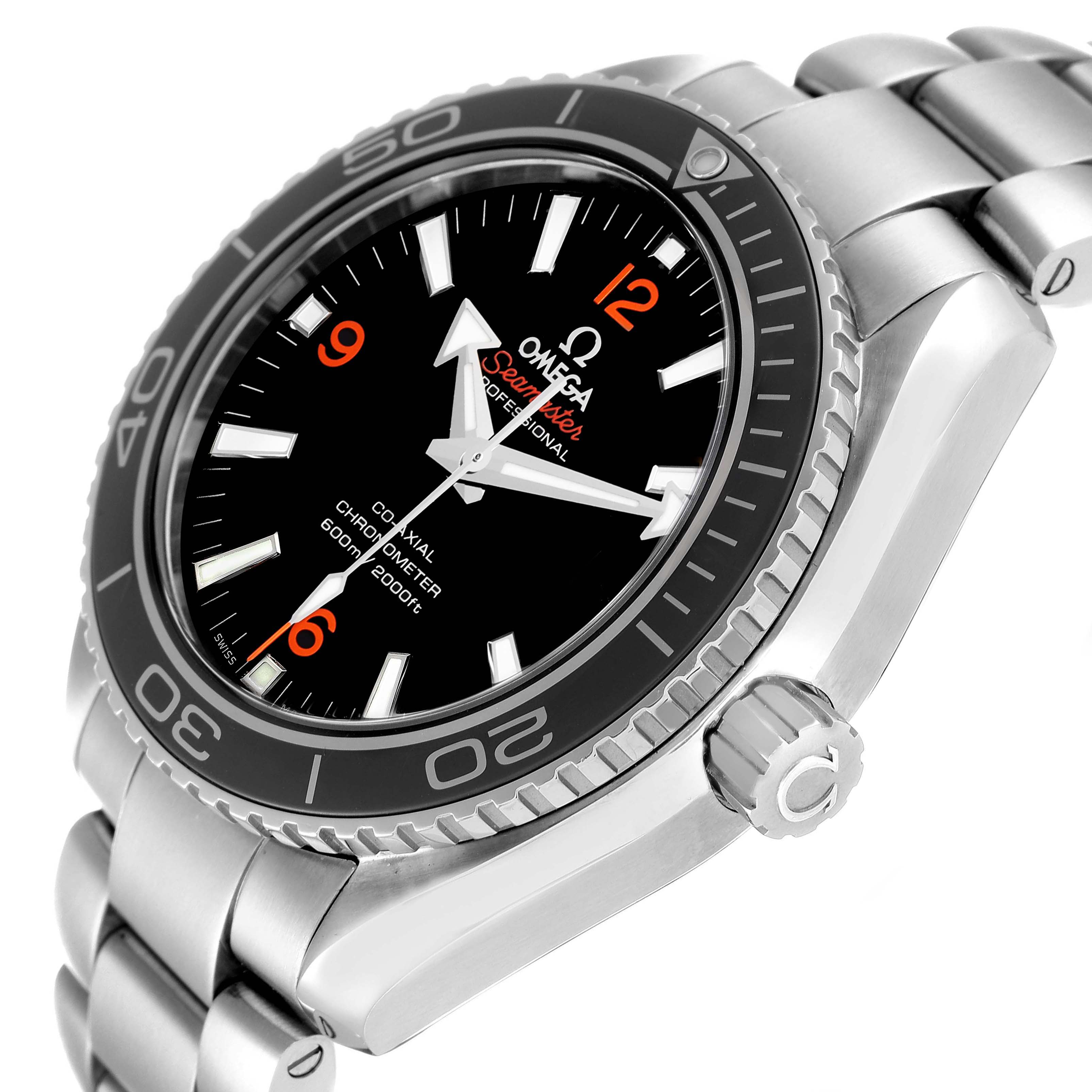 The Omega Planet Ocean 232.30.42.21.01.003 Men's Stainless Steel Black Dial watch is shown at an angled perspective, highlighting the bezel, dial, crown, and bracelet.