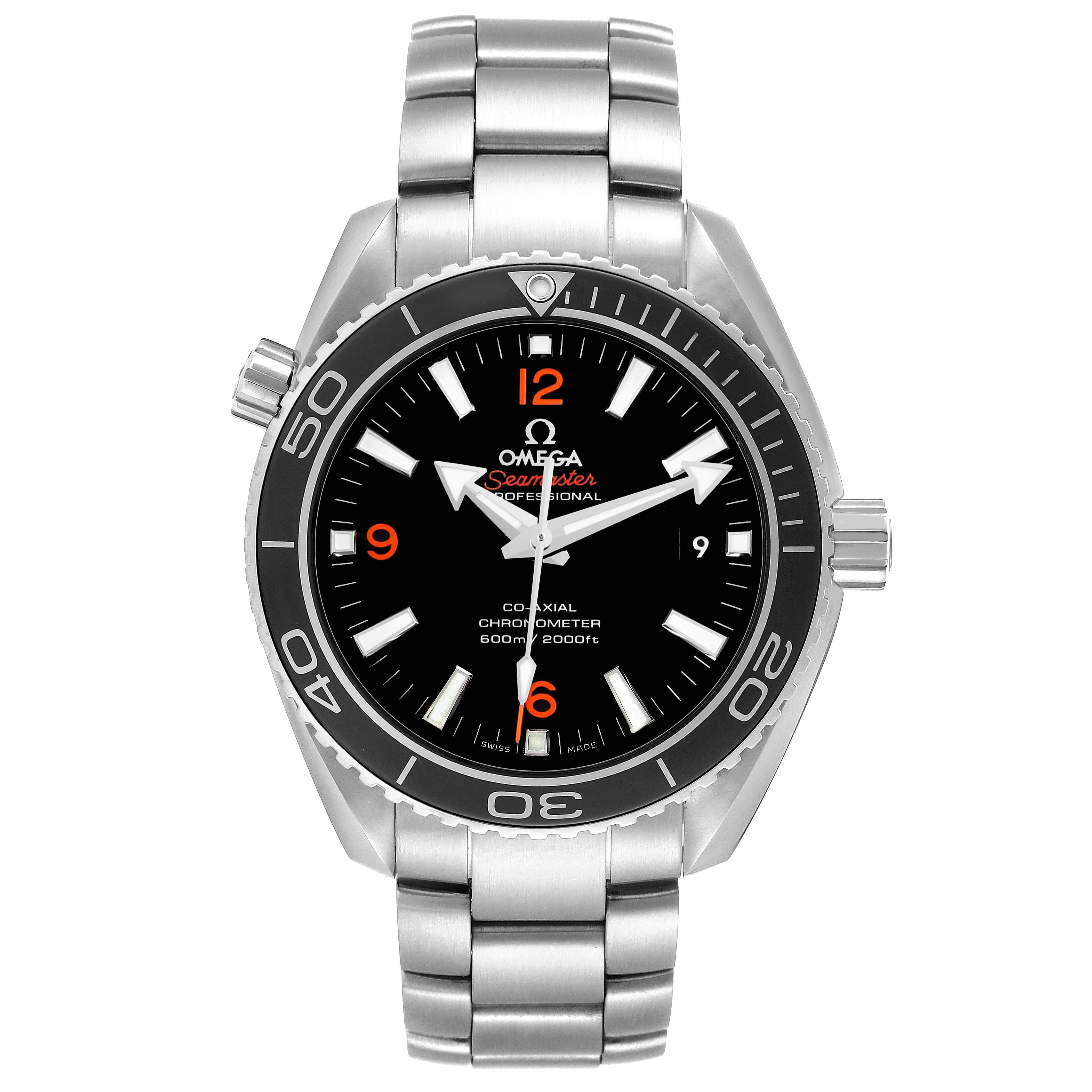 The Omega Planet Ocean 232.30.42.21.01.003 Men's Stainless Steel Black Dial watch is shown from the front, highlighting its bezel, dial, and stainless steel bracelet.