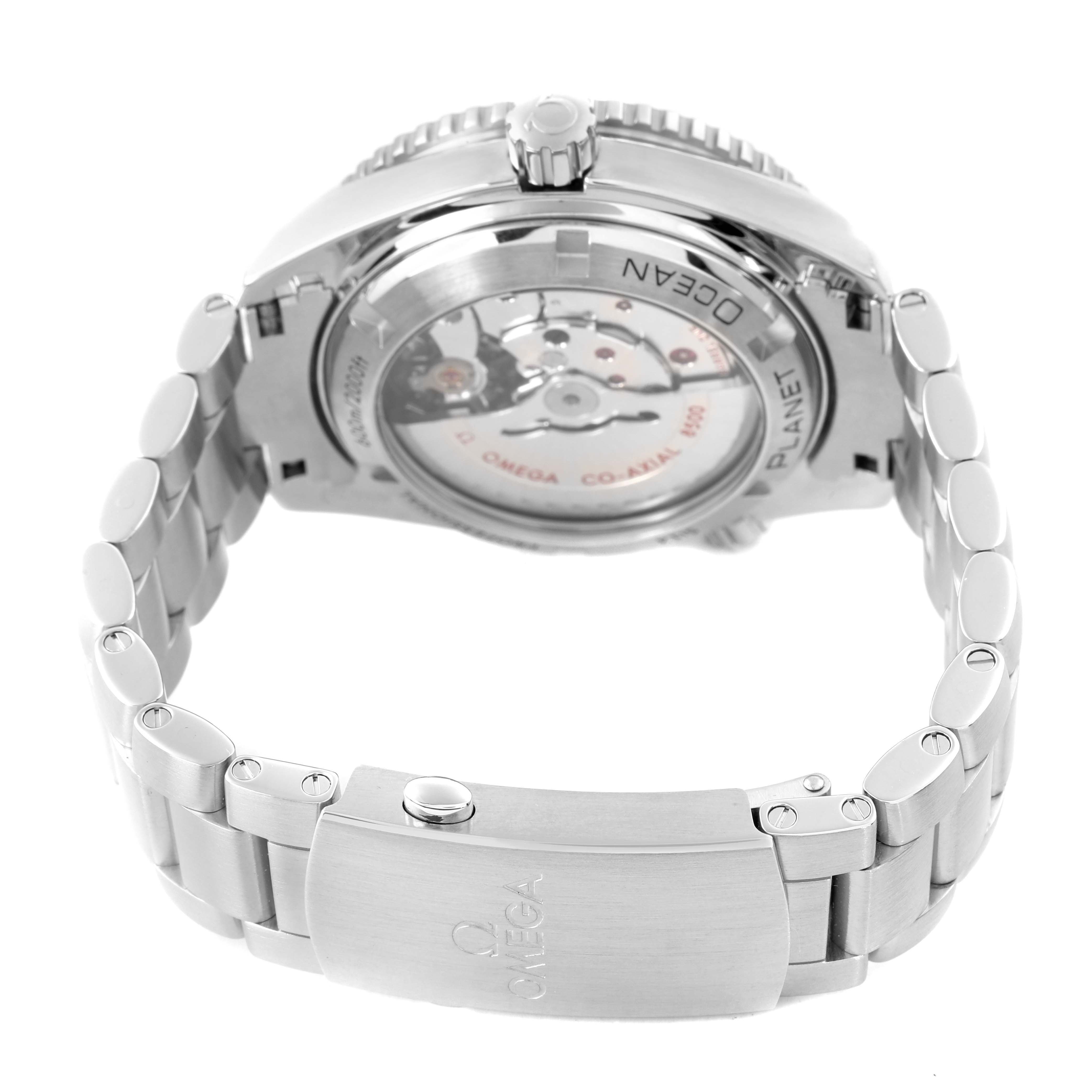 The image shows the backside of the Omega Planet Ocean 232.30.42.21.01.003 Men's Stainless Steel Black Dial watch, featuring the case back and bracelet clasp.