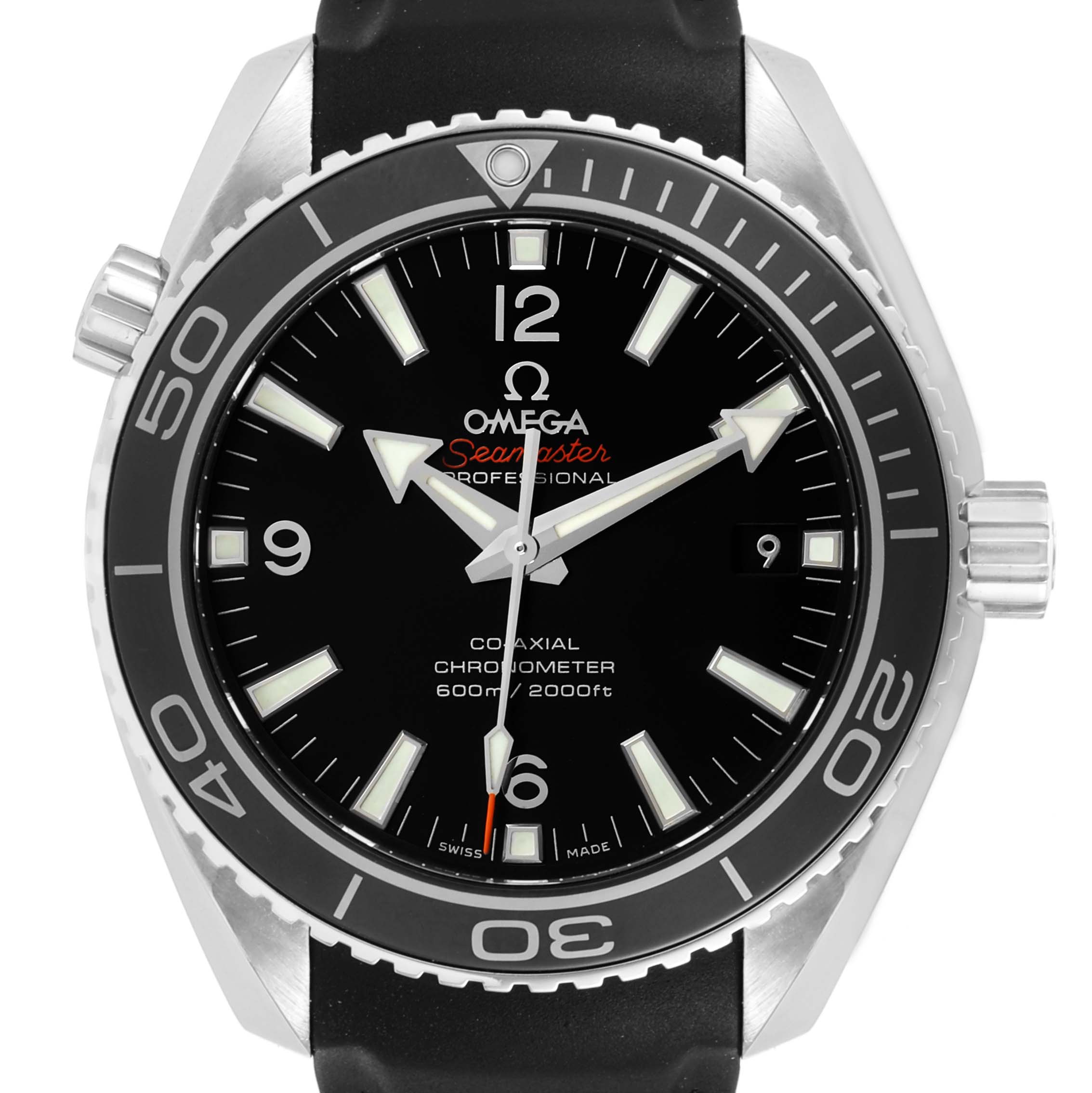 The image shows a front view of an Omega Planet Ocean 232.32.42.21.01.003 Men's Stainless Steel Black Dial 232.32.42.21.01.003 Men's Stainless Steel Black Dial watch, highlighting its dial, bezel, and crown.