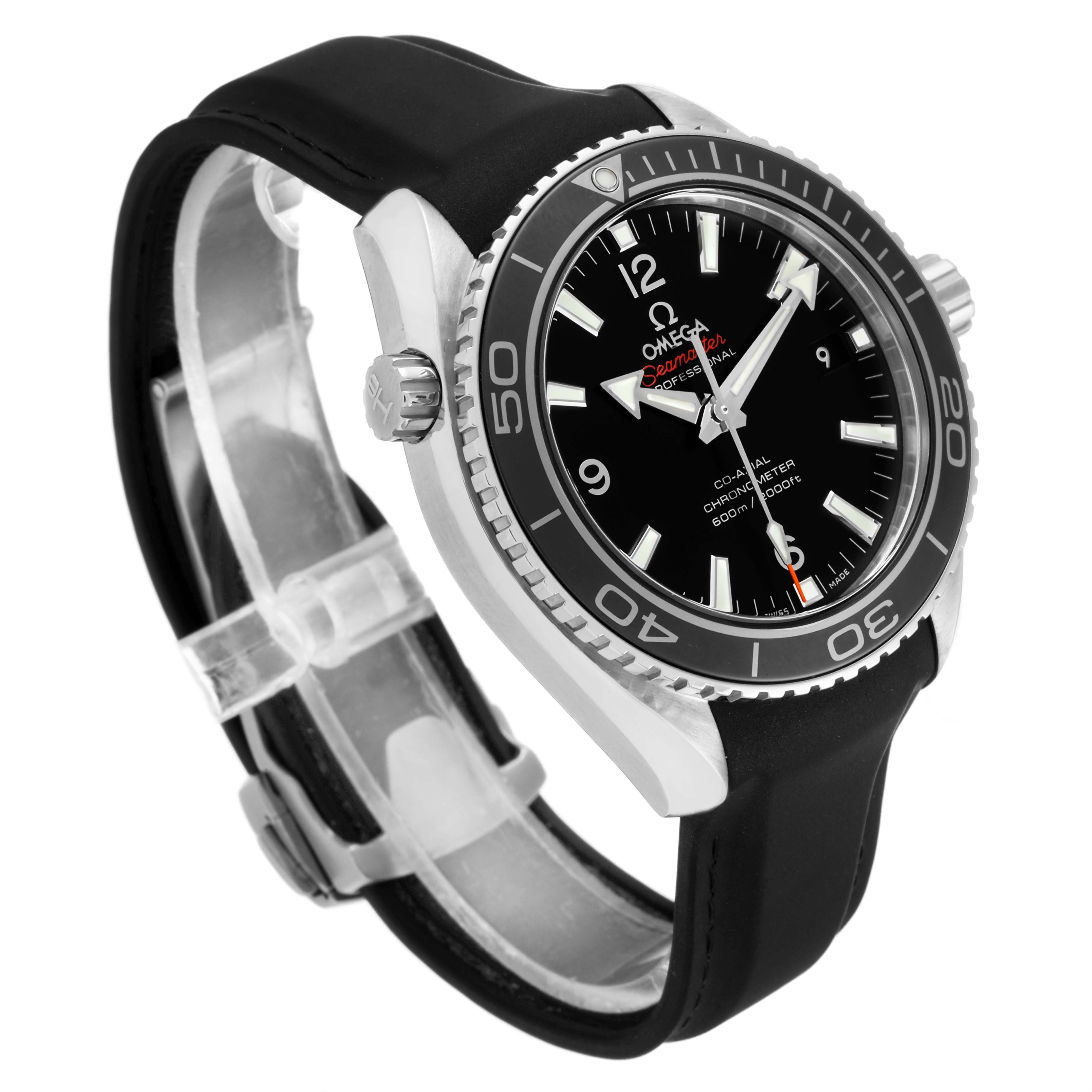 The image shows an Omega Planet Ocean 232.32.42.21.01.003 Men's Stainless Steel Black Dial 232.32.42.21.01.003 Men's Stainless Steel Black Dial watch from an angled side view highlighting the bezel, dial, case, and strap.