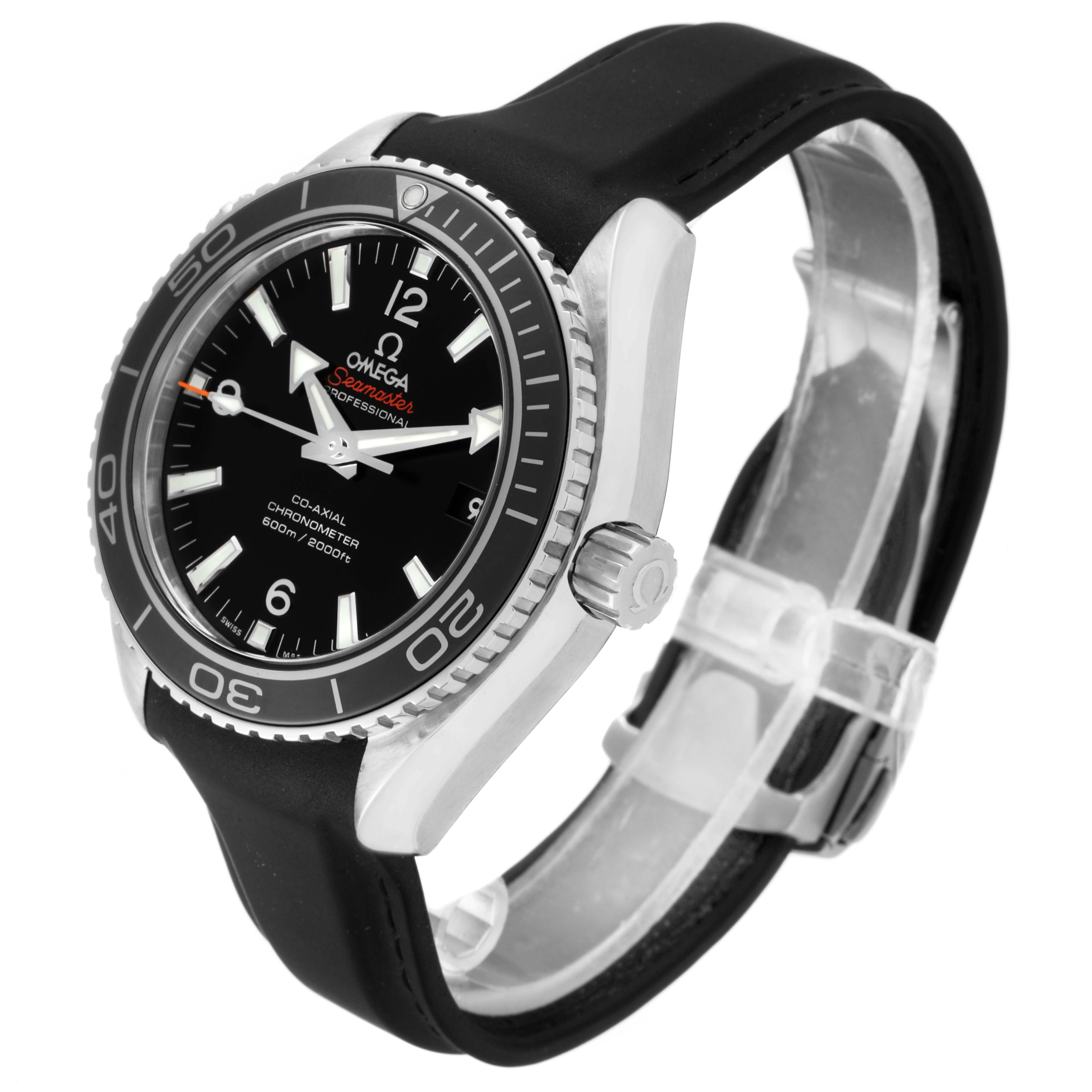 The Omega Planet Ocean 232.32.42.21.01.003 Men's Stainless Steel Black Dial 232.32.42.21.01.003 Men's Stainless Steel Black Dial watch is shown at a 3/4 angle, highlighting its black strap, bezel, dial, and crown.