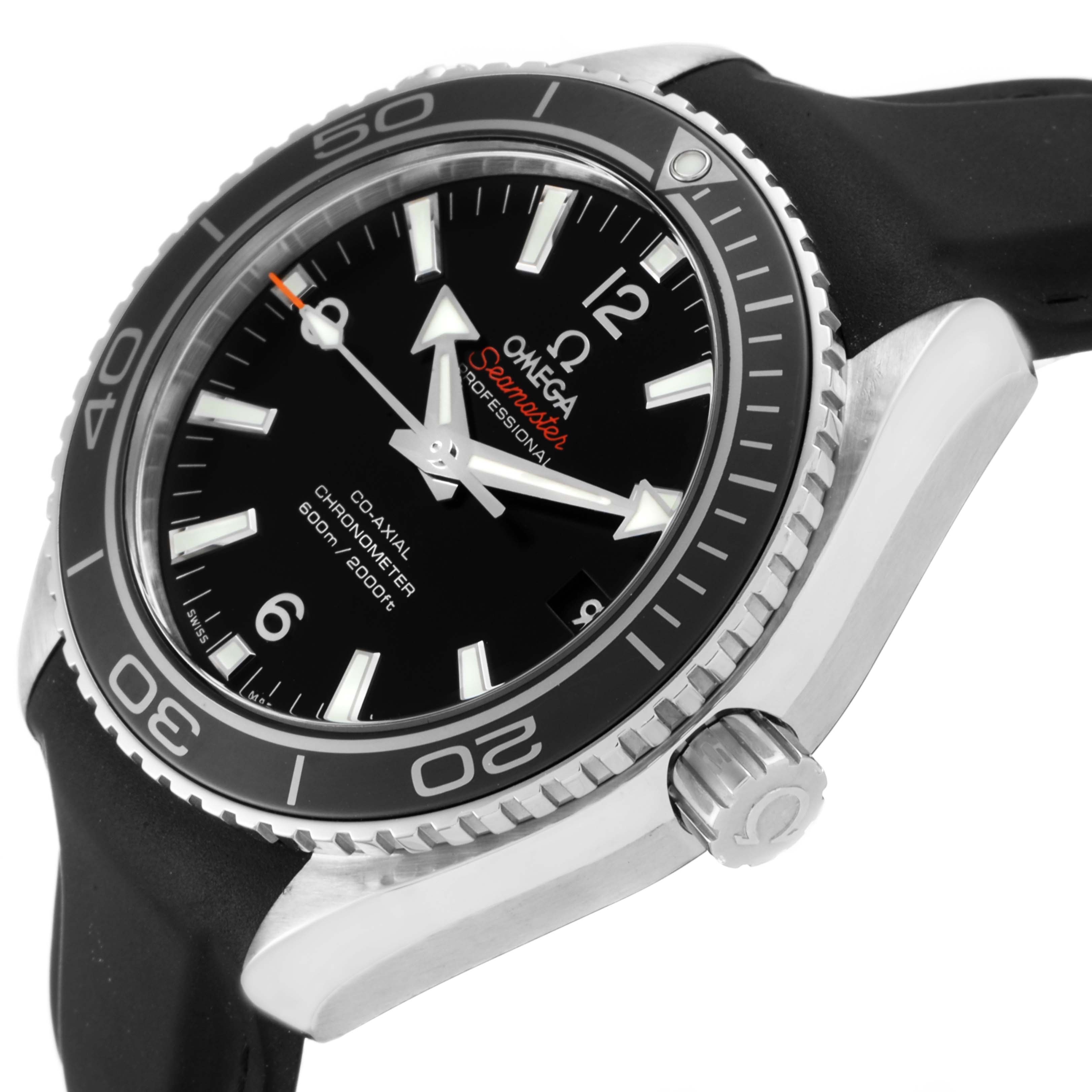 The Omega Planet Ocean 232.32.42.21.01.003 Men's Stainless Steel Black Dial 232.32.42.21.01.003 Men's Stainless Steel Black Dial model watch is shown at an angle highlighting the face, bezel, crown, and part of the strap.