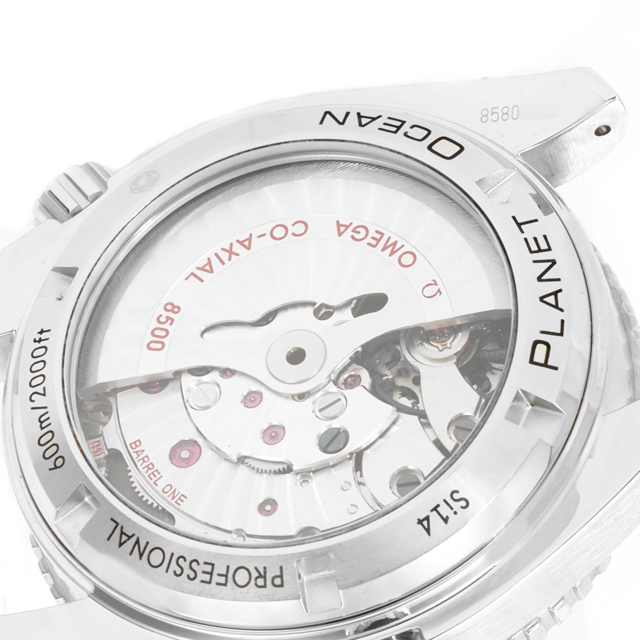 This image shows the case back of an Omega Planet Ocean 232.32.42.21.01.003 Men's Stainless Steel Black Dial 232.32.42.21.01.003 Men's Stainless Steel Black Dial watch, revealing the intricate mechanical movement inside.