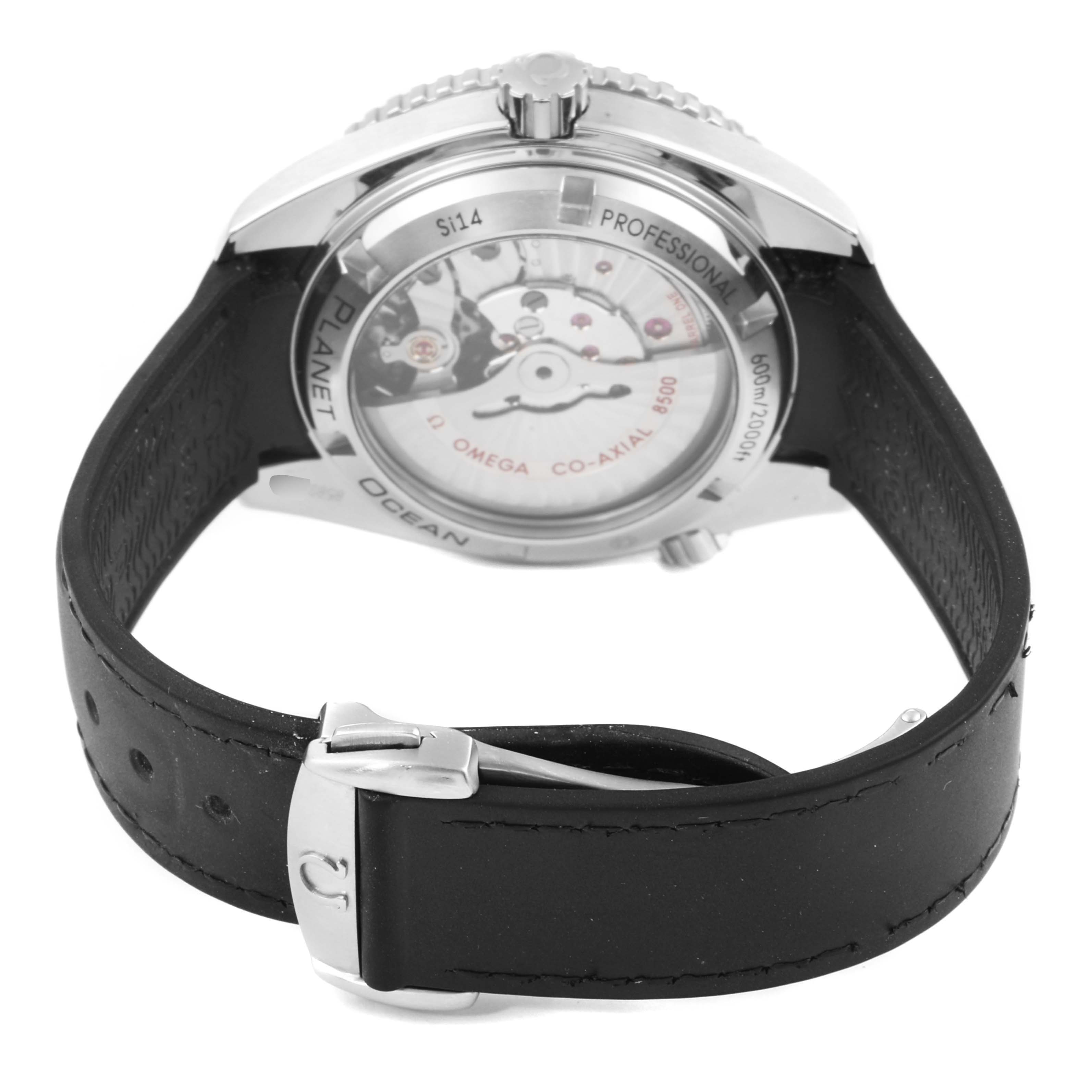 The image shows the back case and strap of the Omega Planet Ocean 232.32.42.21.01.003 Men's Stainless Steel Black Dial 232.32.42.21.01.003 Men's Stainless Steel Black Dial watch, highlighting the movement and clasp.