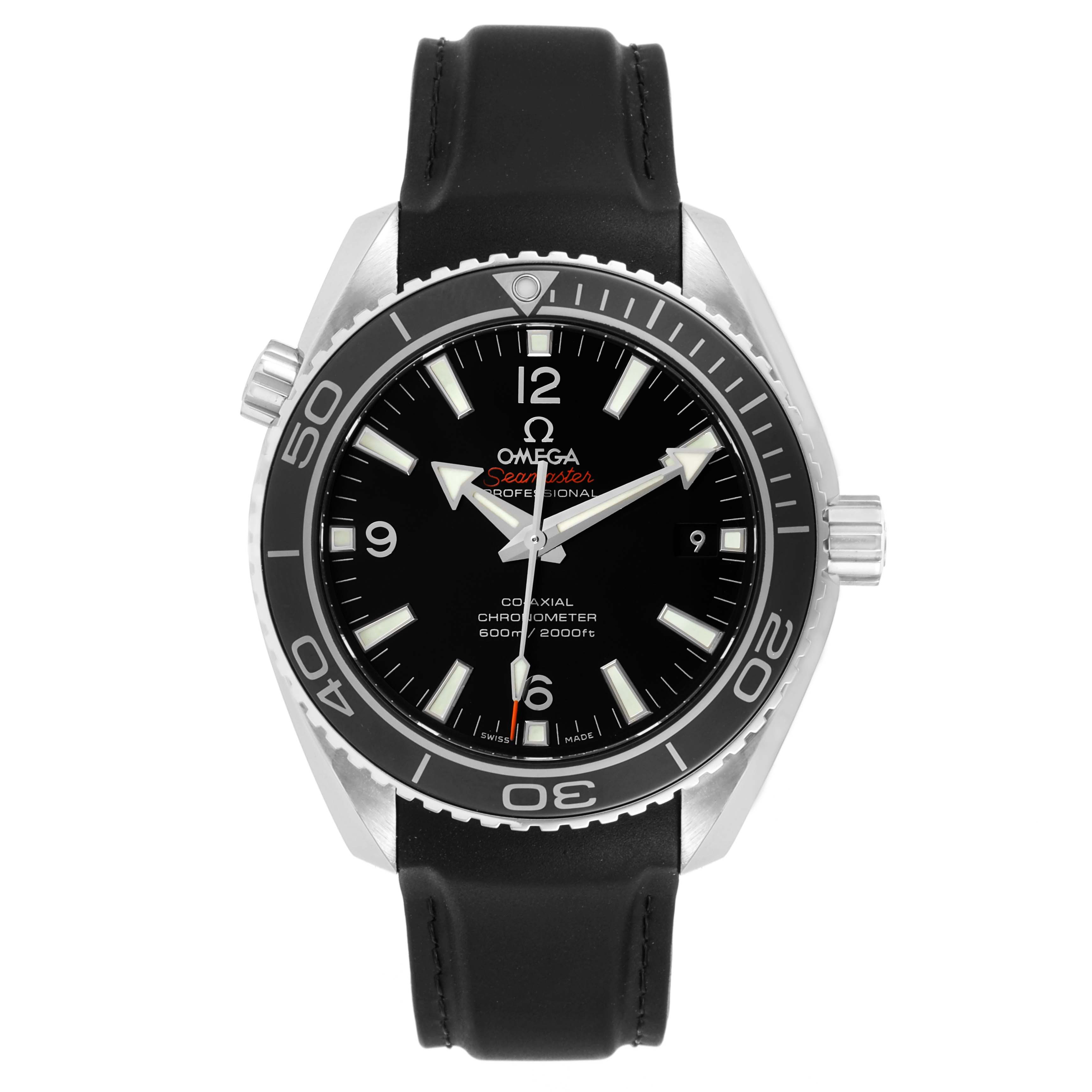 This image shows a front view of the Omega Planet Ocean 232.32.42.21.01.003 Men's Stainless Steel Black Dial 232.32.42.21.01.003 Men's Stainless Steel Black Dial watch, highlighting its black dial, bezel, and strap.