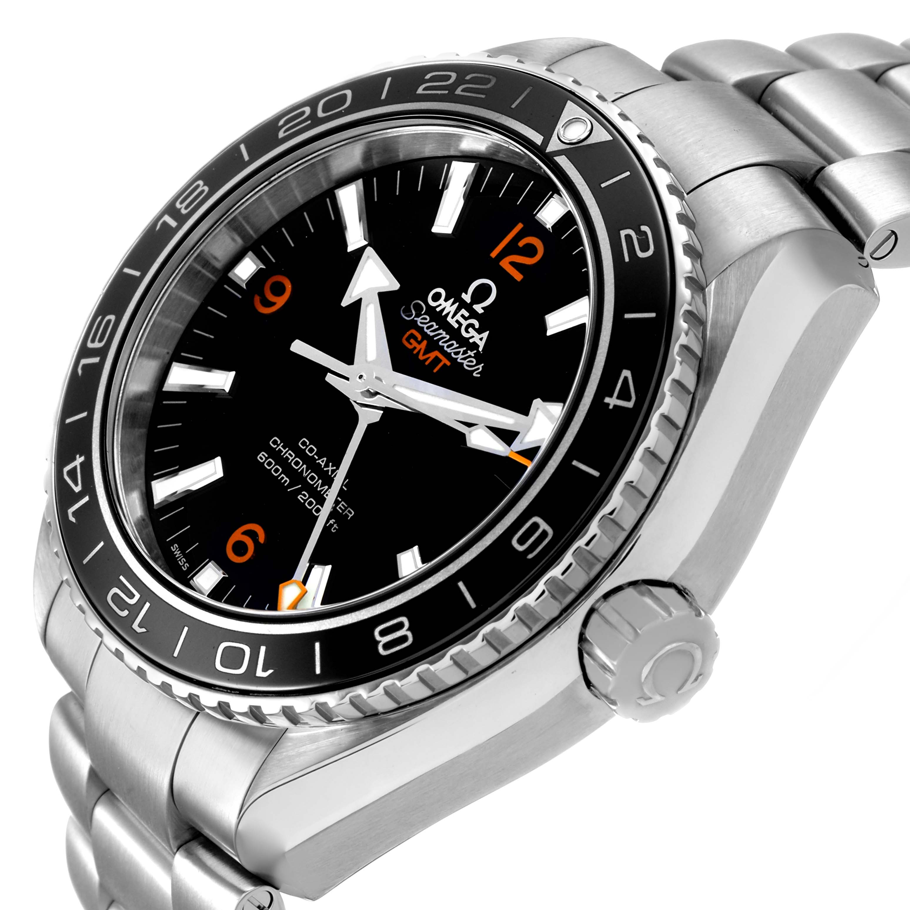 The Omega Planet Ocean 232.30.44.22.01.002 Men's Stainless Steel Black Dial watch is shown at an angled view, highlighting the dial, bezel, crown, and bracelet.