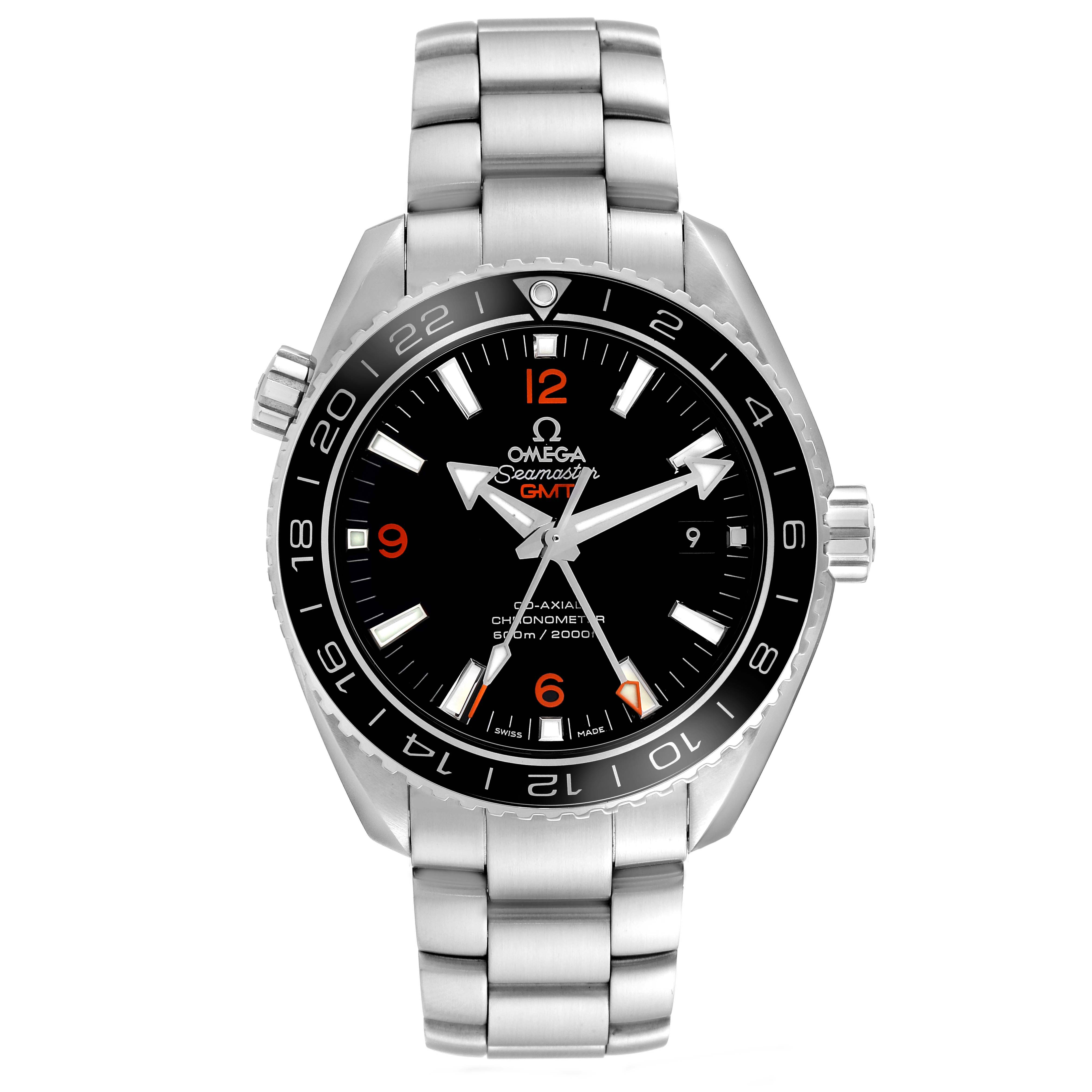 The Omega Planet Ocean 232.30.44.22.01.002 Men's Stainless Steel Black Dial watch is shown from the front, detailing the face, bezel, crown, and bracelet.