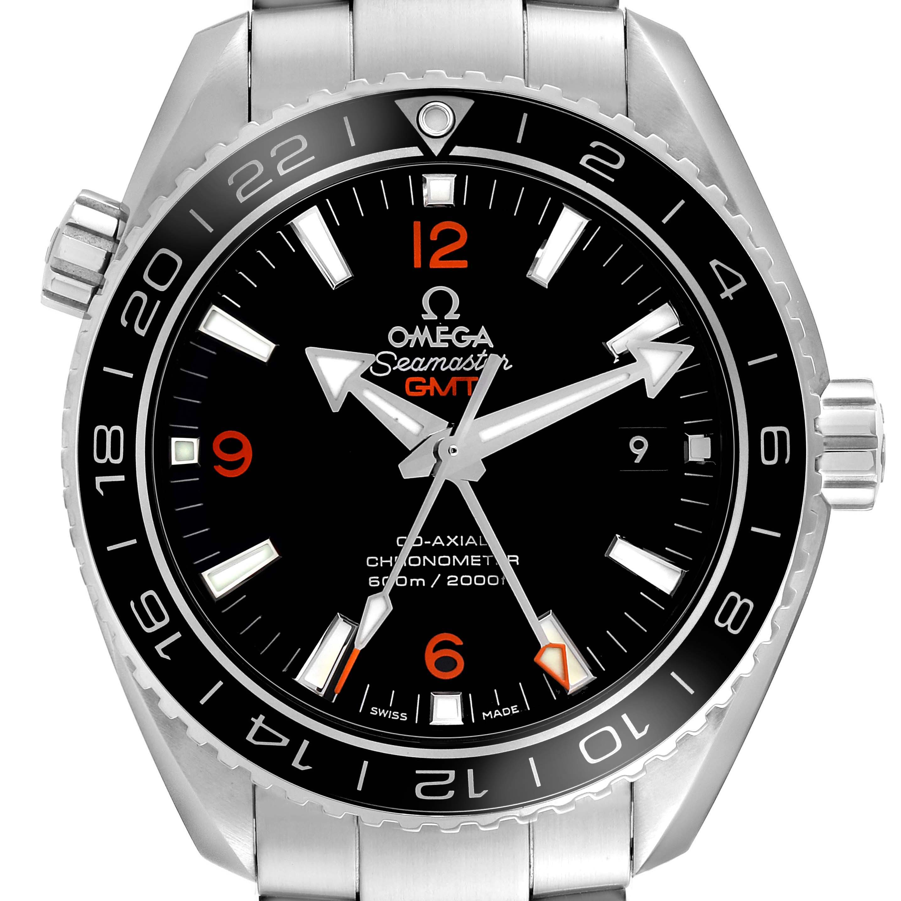 The Omega Planet Ocean 232.30.44.22.01.002 Men's Stainless Steel Black Dial watch is shown from the front, highlighting the dial, bezel, hands, and bracelet.