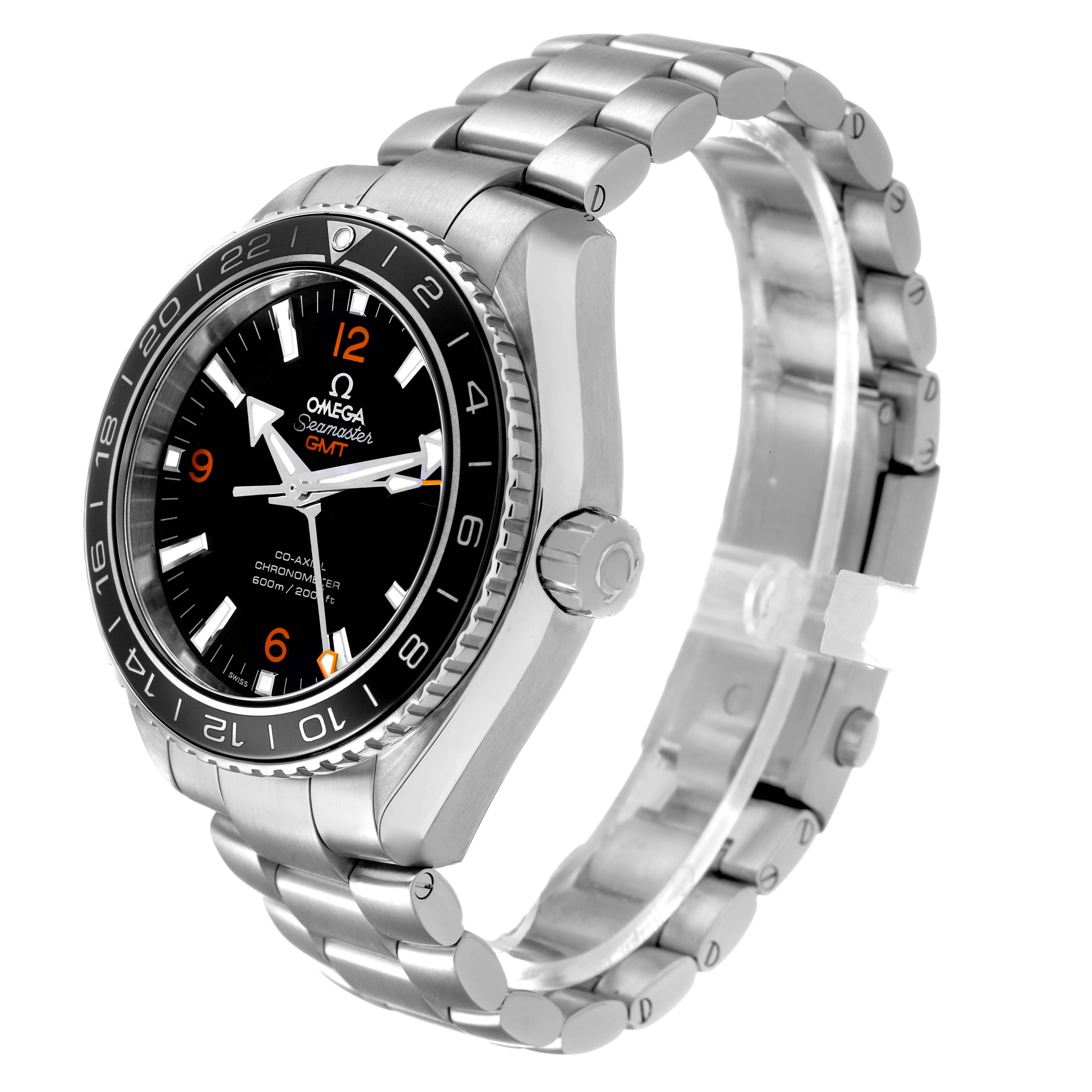 The Omega Planet Ocean 232.30.44.22.01.002 Men's Stainless Steel Black Dial watch is shown at a three-quarter angle, highlighting the face, bezel, and metal bracelet.