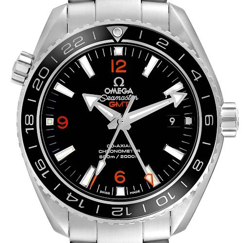 The Omega Planet Ocean 232.30.44.22.01.002 Men's Stainless Steel Black Dial watch is shown from a front angle, highlighting its dial and bezel.
