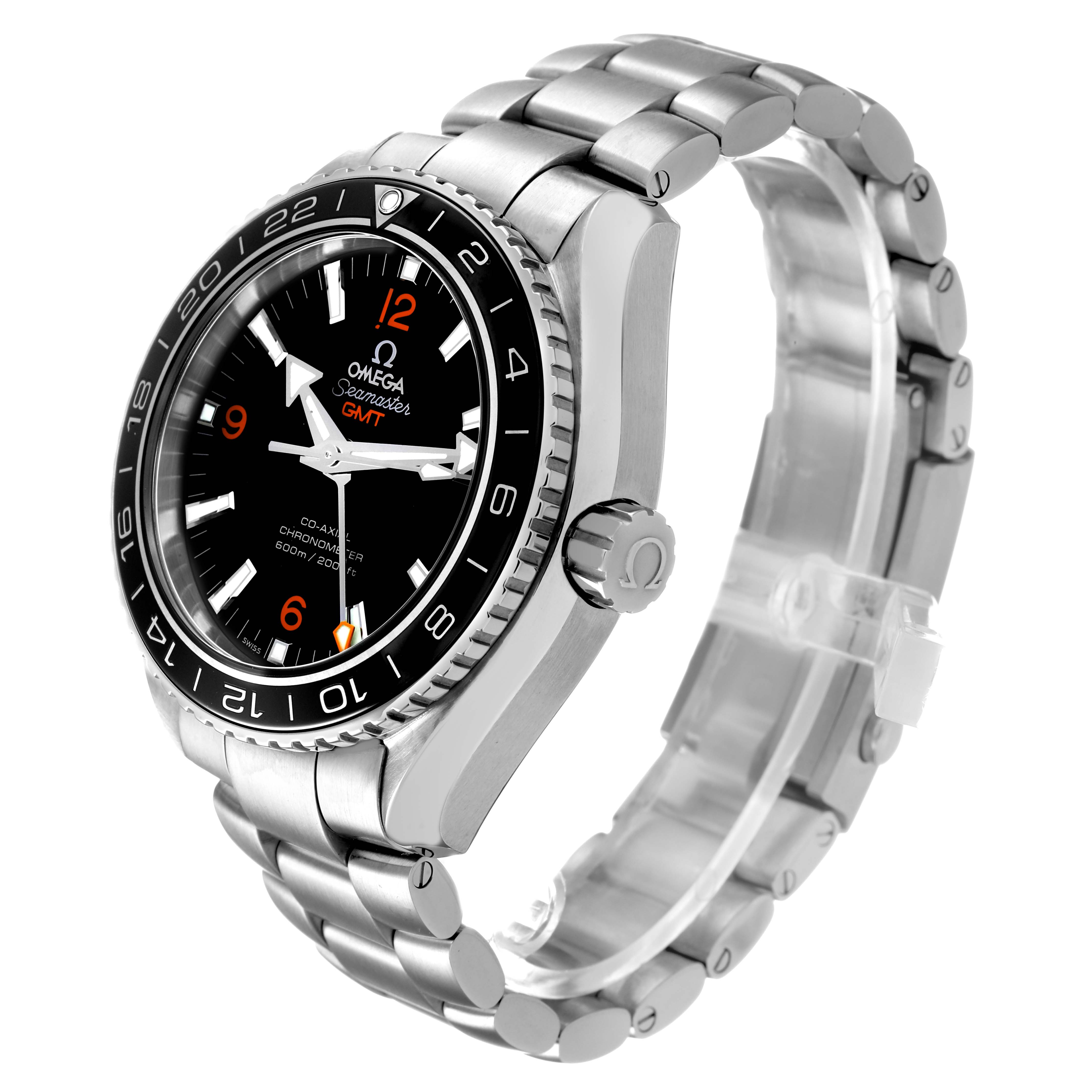 The Omega Planet Ocean 232.30.44.22.01.002 Men's Stainless Steel Black Dial watch is viewed from a three-quarter angle, showing the face, bezel, crown, and bracelet.