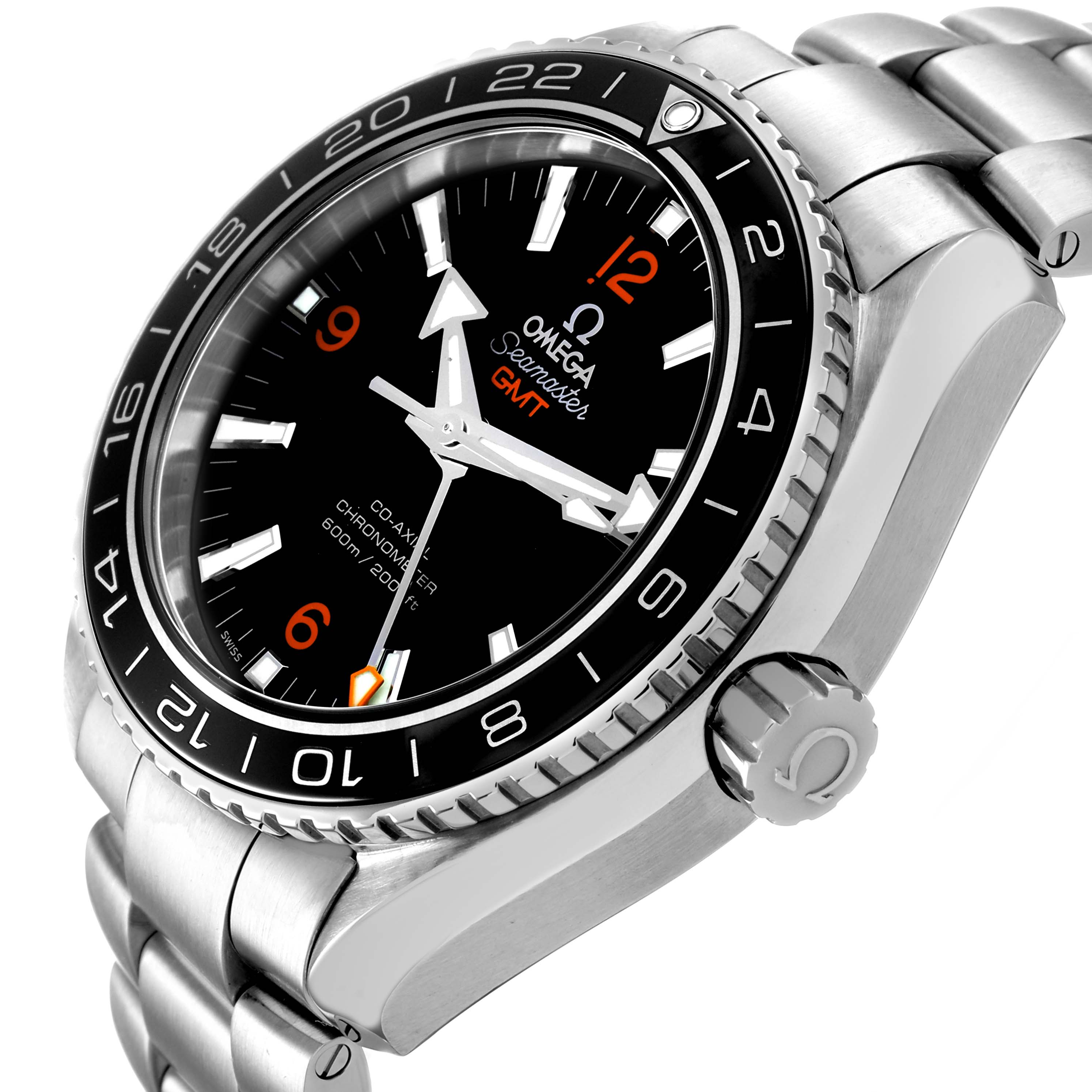 The Omega Planet Ocean 232.30.44.22.01.002 Men's Stainless Steel Black Dial watch is shown at an angle highlighting the bezel, crown, face, and part of the bracelet.