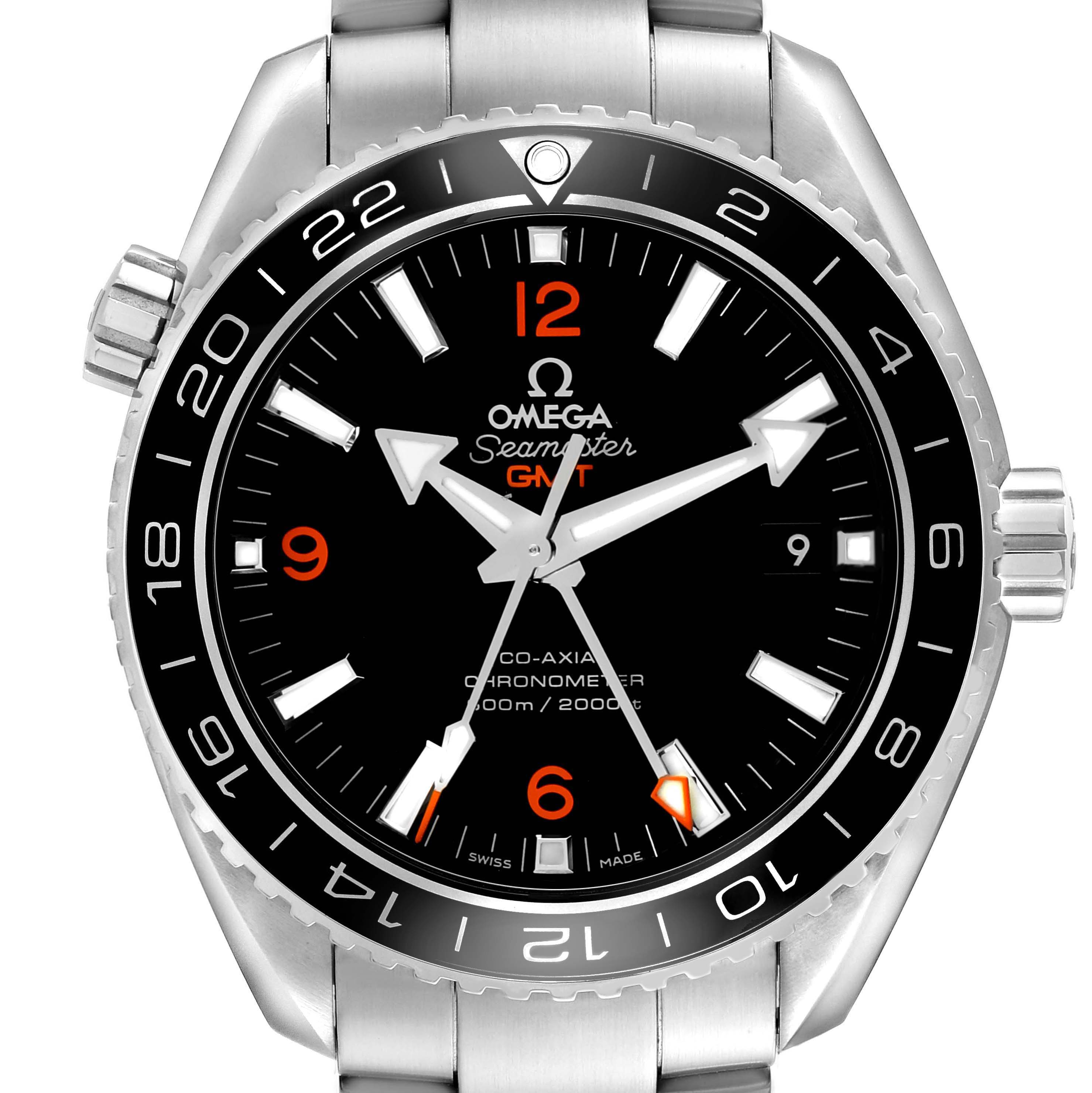 The Omega Planet Ocean 232.30.44.22.01.002 Men's Stainless Steel Black Dial watch is shown from the front, displaying the dial, bezel, crown, and part of the bracelet.